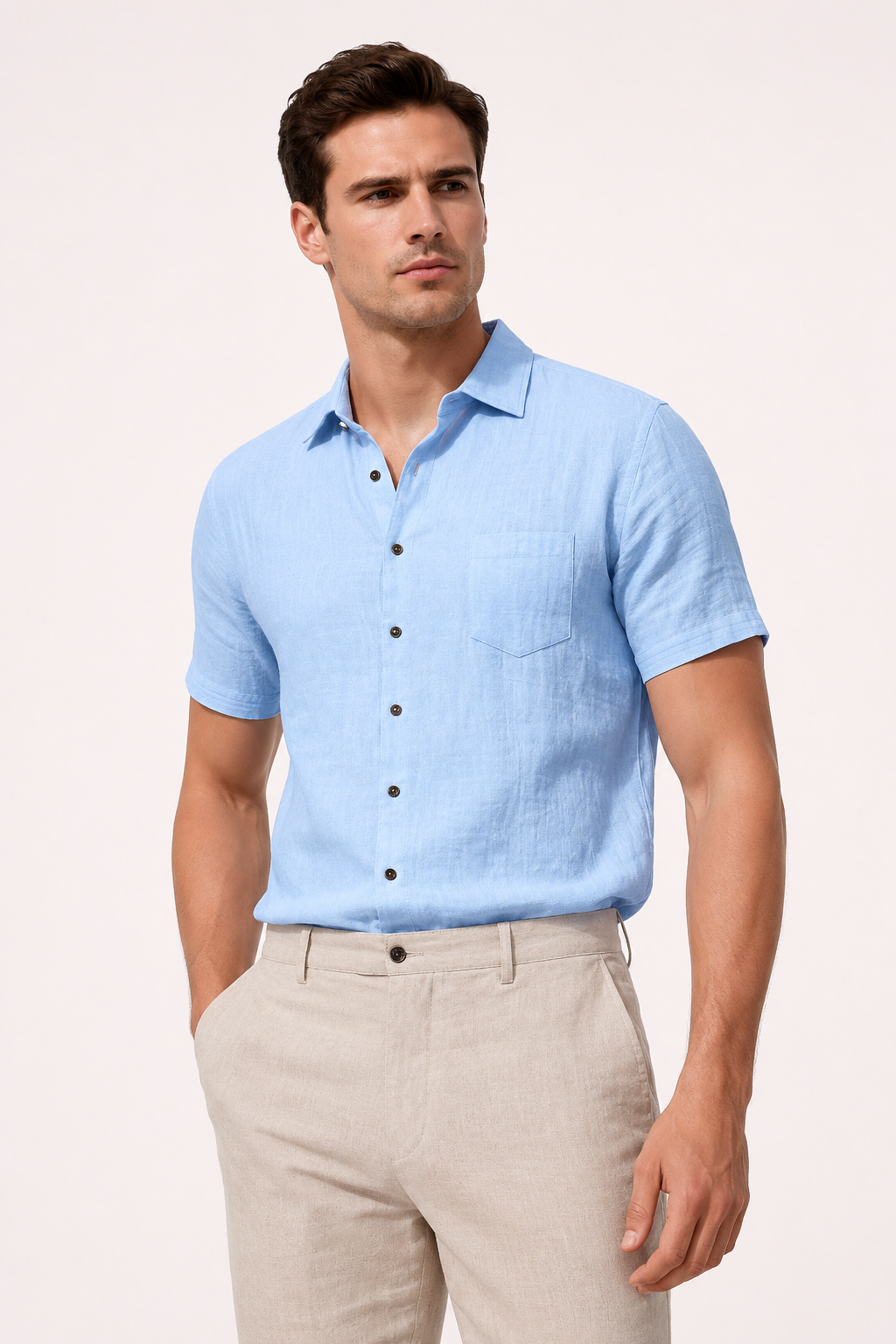 Camisa lino manga corta hombre bolsillo cuello clásico – Patricio