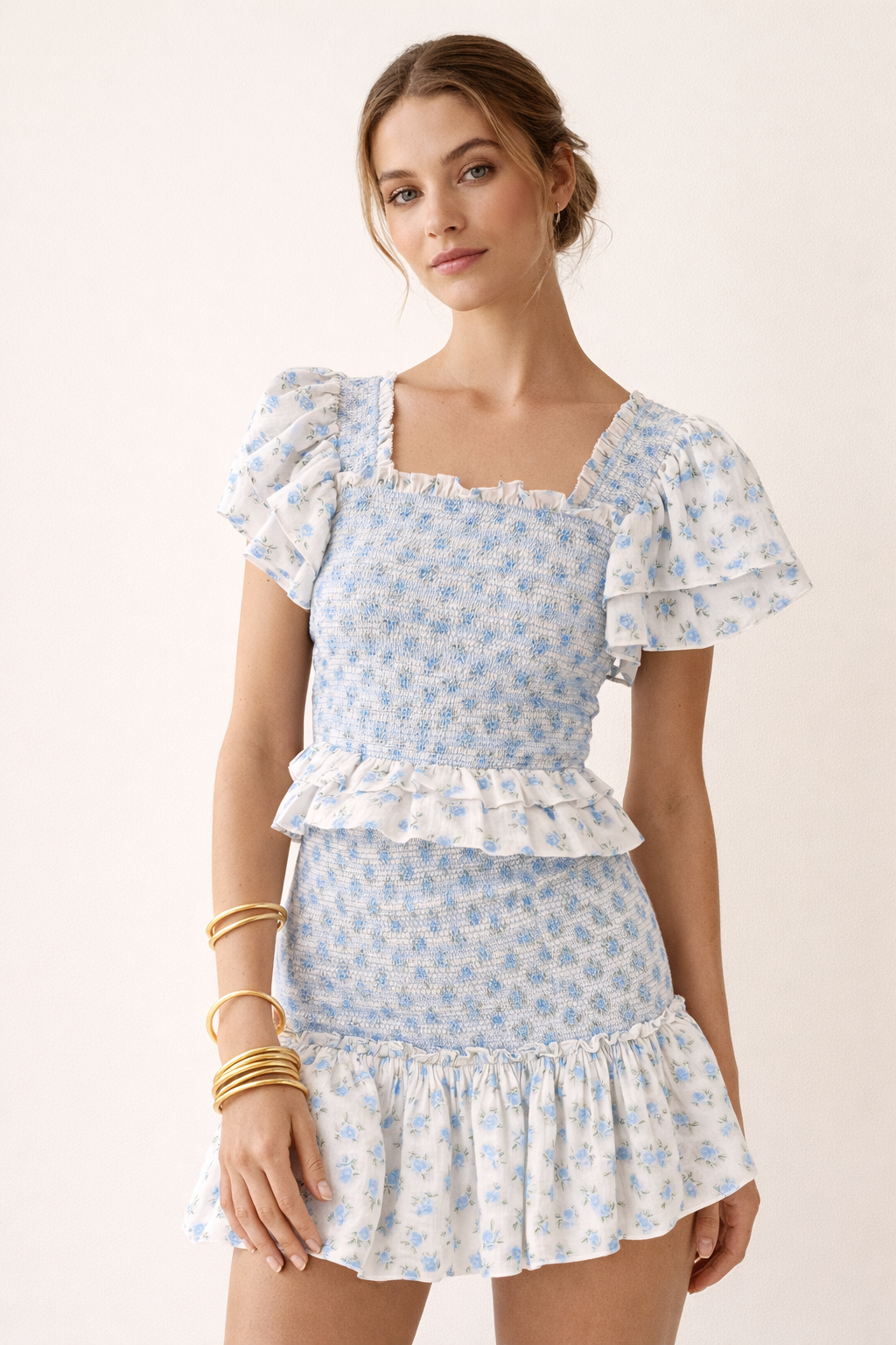 Conjunto floral fruncido con falda corta para mujer - Lotte