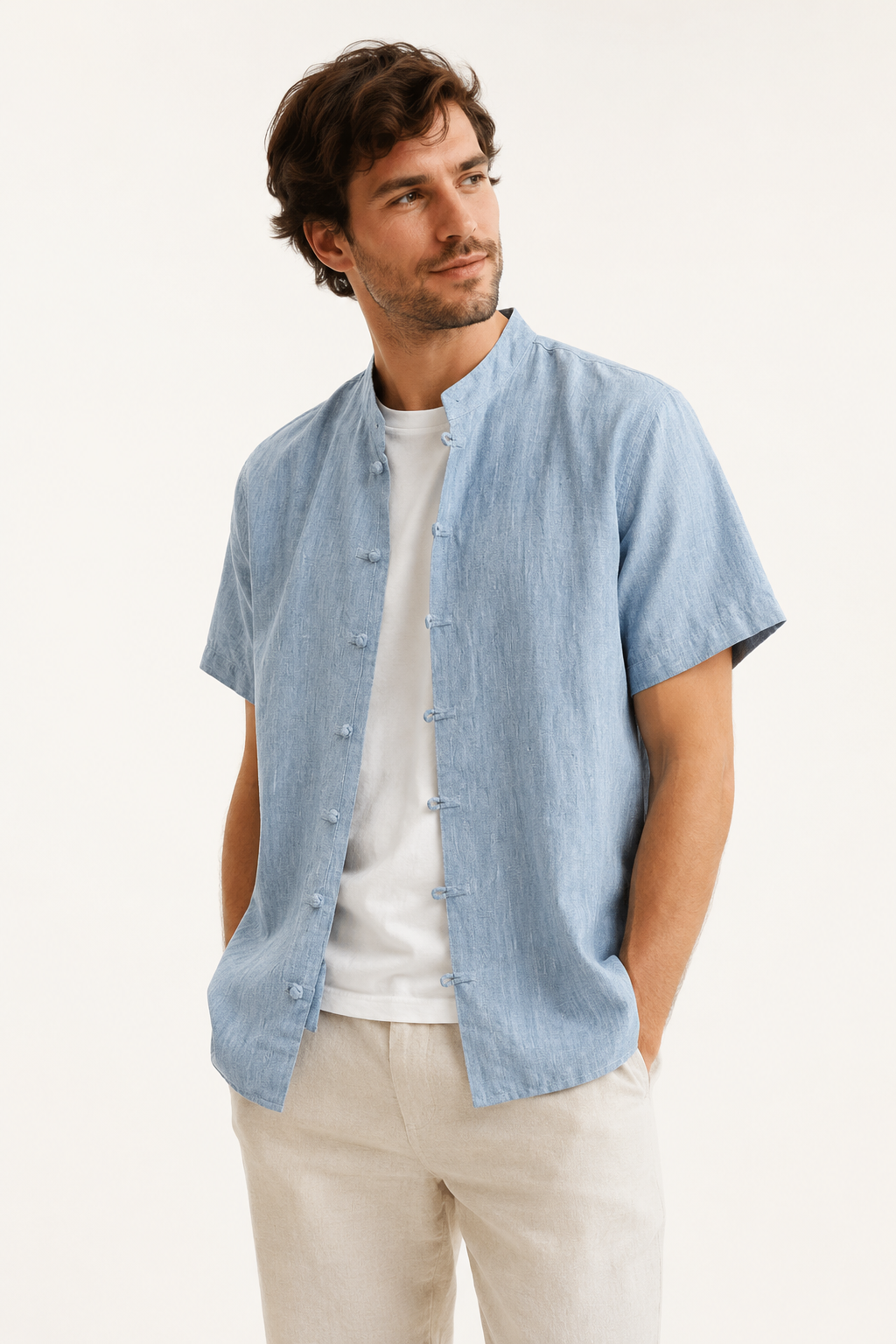 Camisa lino hombre cuello mao manga corta botonadura frontal – Emil