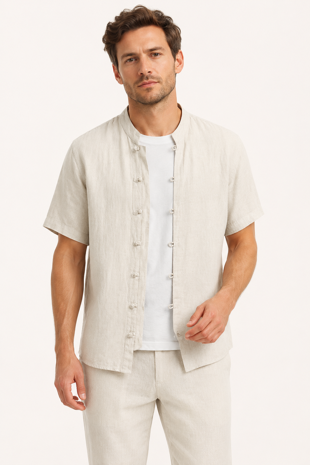Camisa lino hombre cuello mao manga corta botonadura frontal – Emil