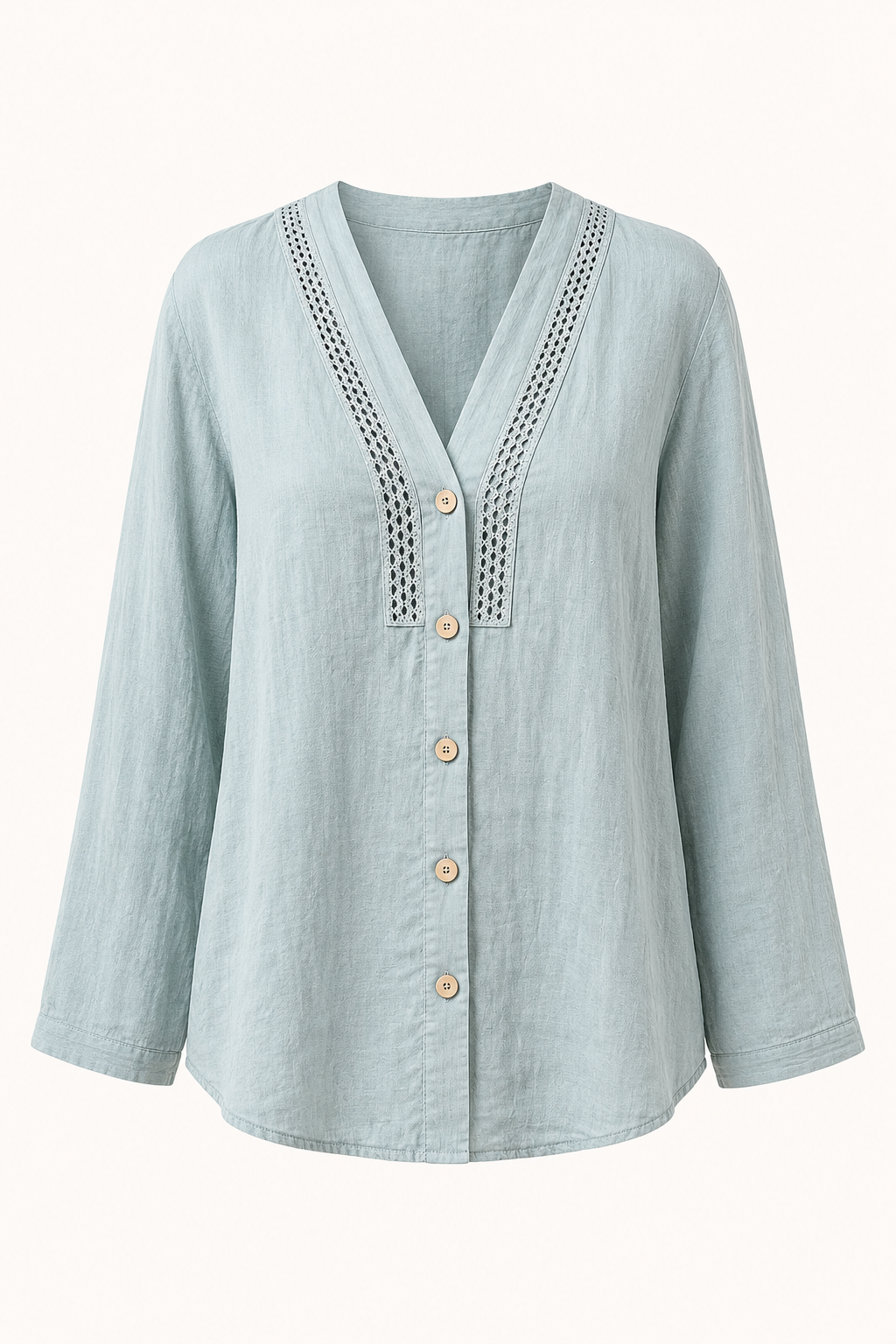 Blusa lino mujer escote v manga larga detalle calado botones – Kamila