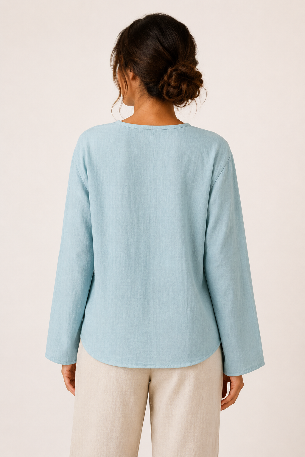 Blusa lino mujer escote v manga larga detalle calado botones – Kamila