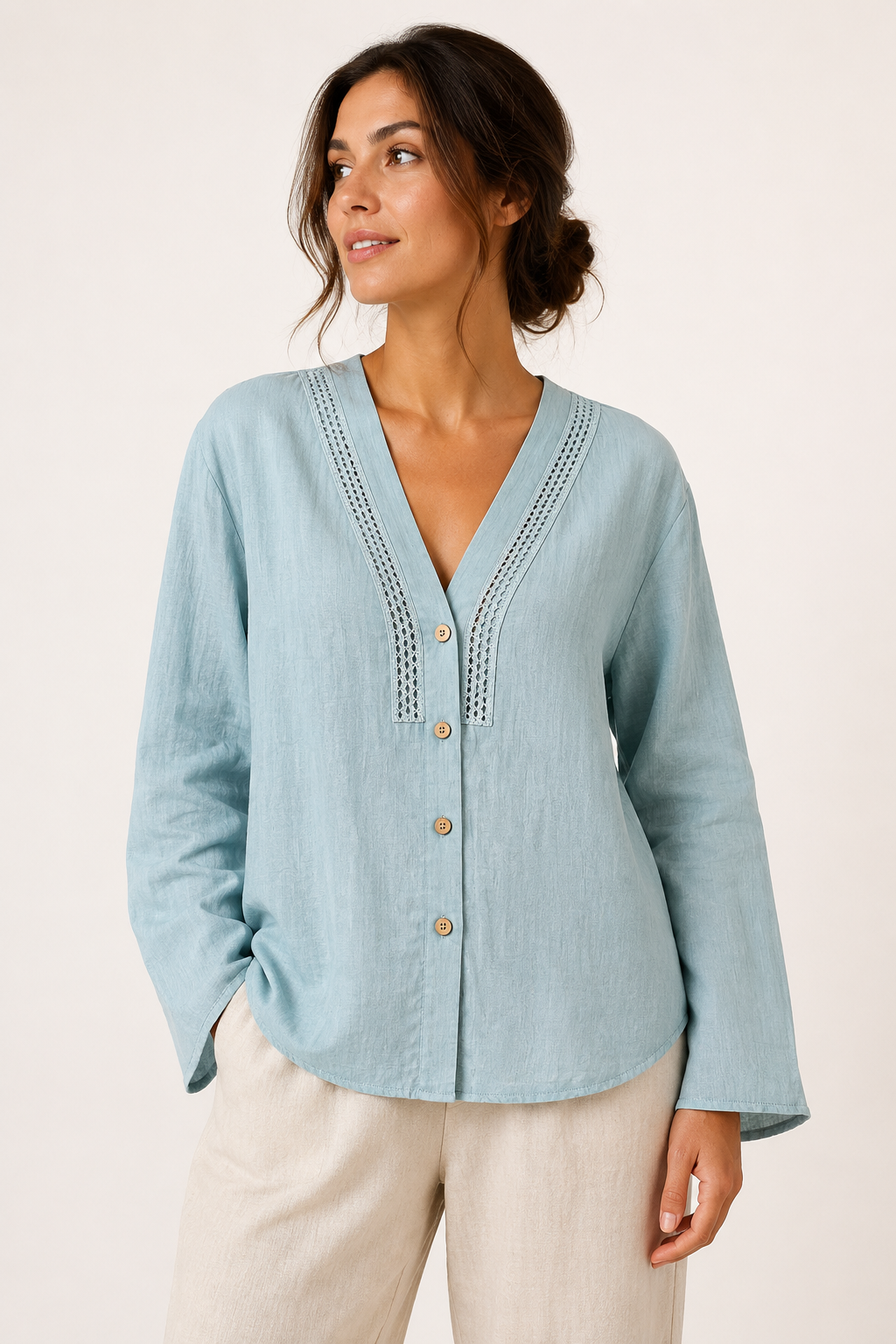 Blusa lino mujer escote v manga larga detalle calado botones – Kamila