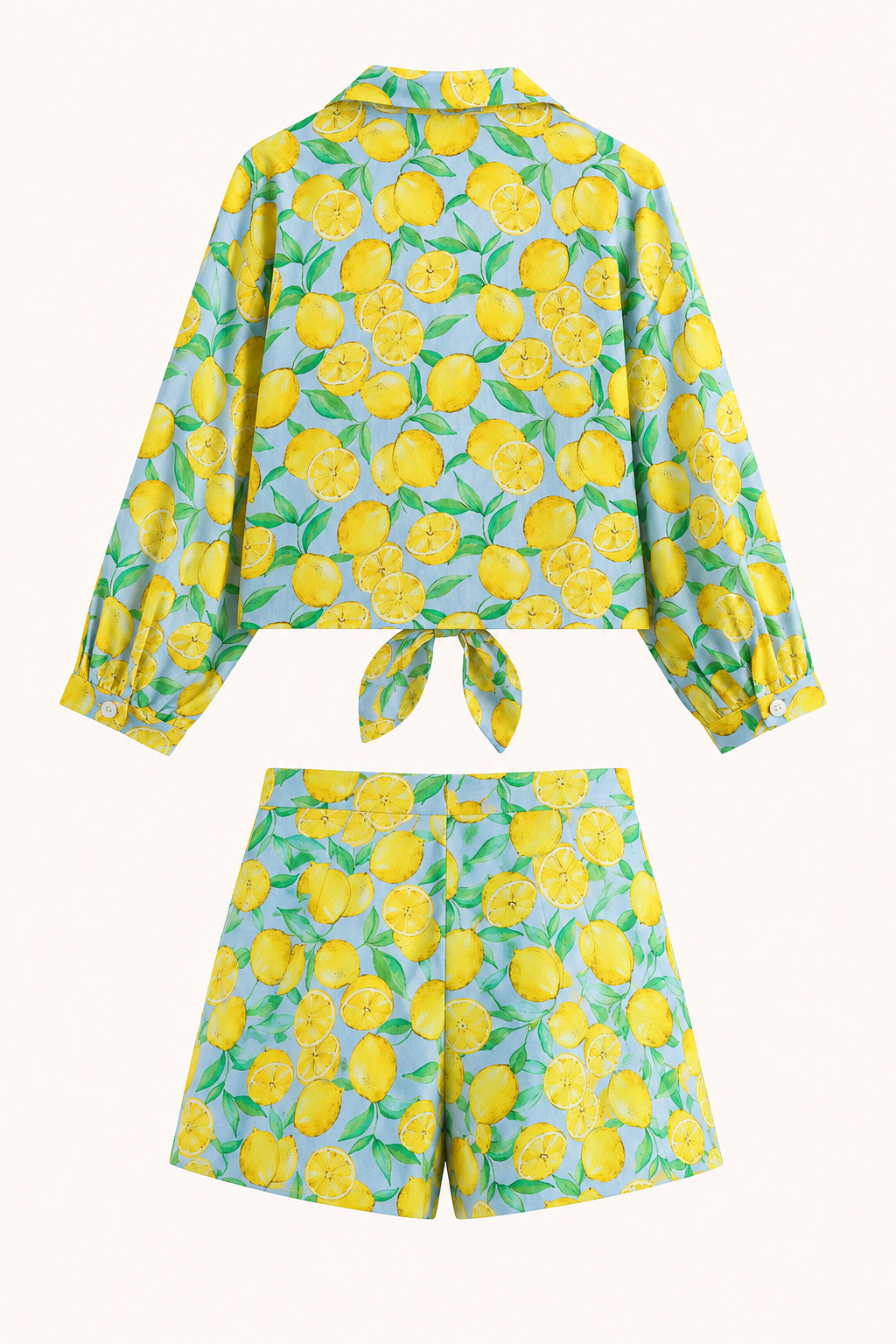 Conjunto mujer estampado limón camisa anudada short verano – Jorinde