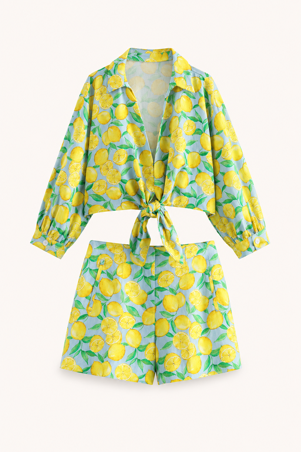 Conjunto mujer estampado limón camisa anudada short verano – Jorinde