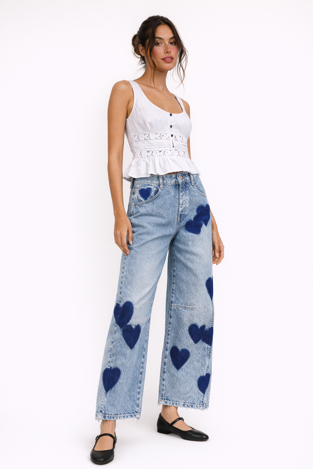 Jeans rectos de tiro medio con estampado de corazones para mujer - Margaret