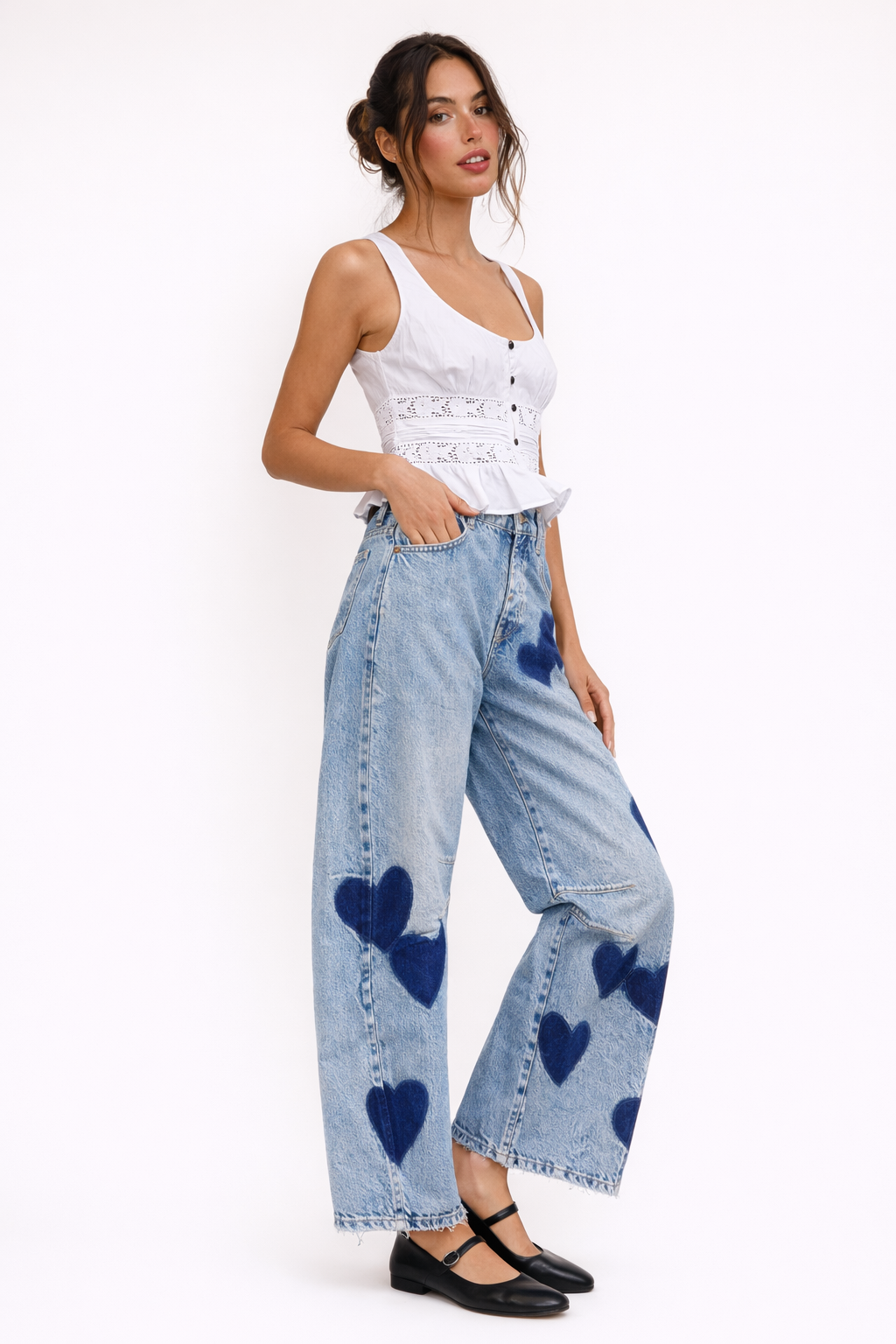Jeans rectos de tiro medio con estampado de corazones para mujer - Margaret