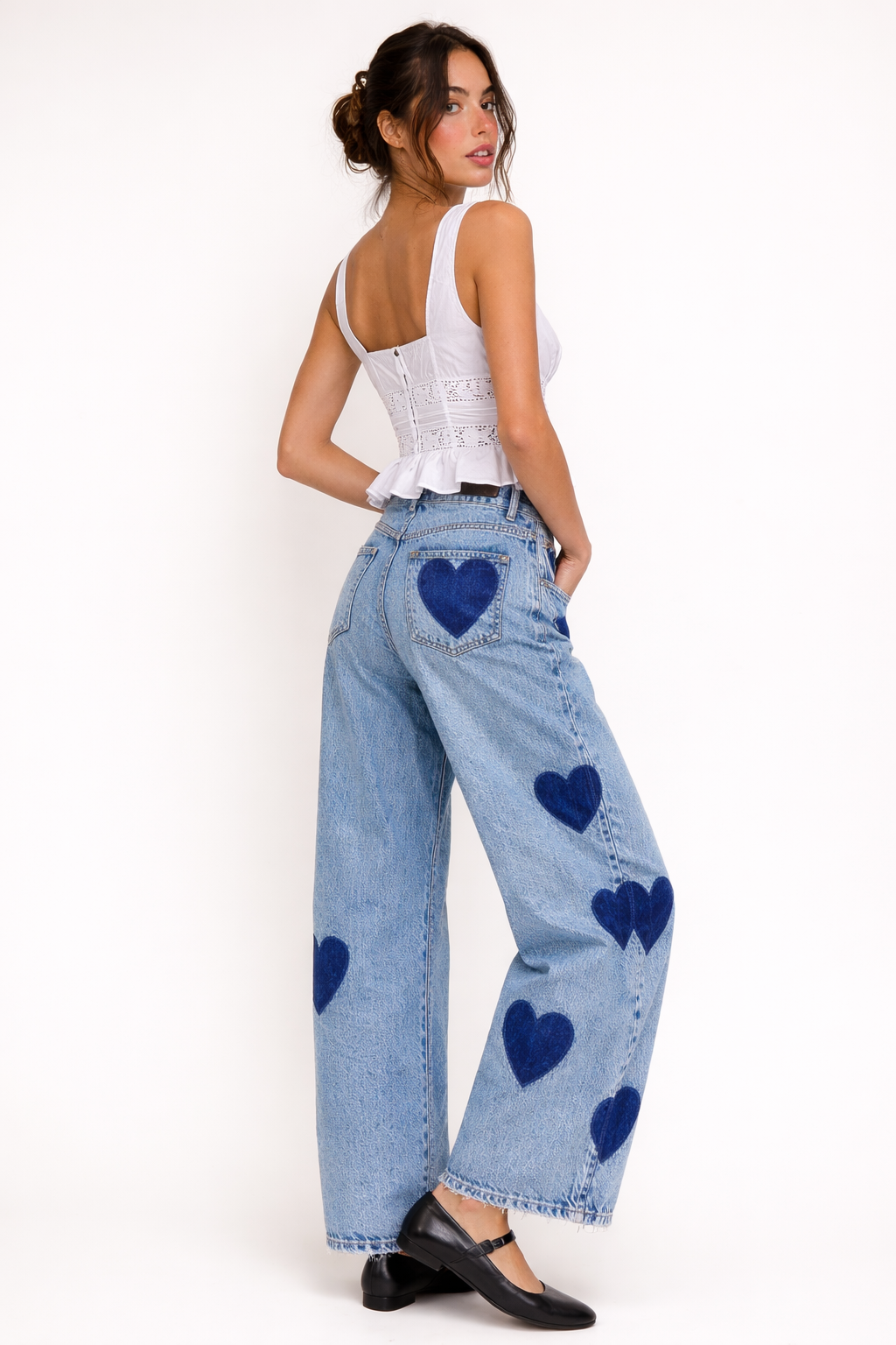 Jeans rectos de tiro medio con estampado de corazones para mujer - Margaret