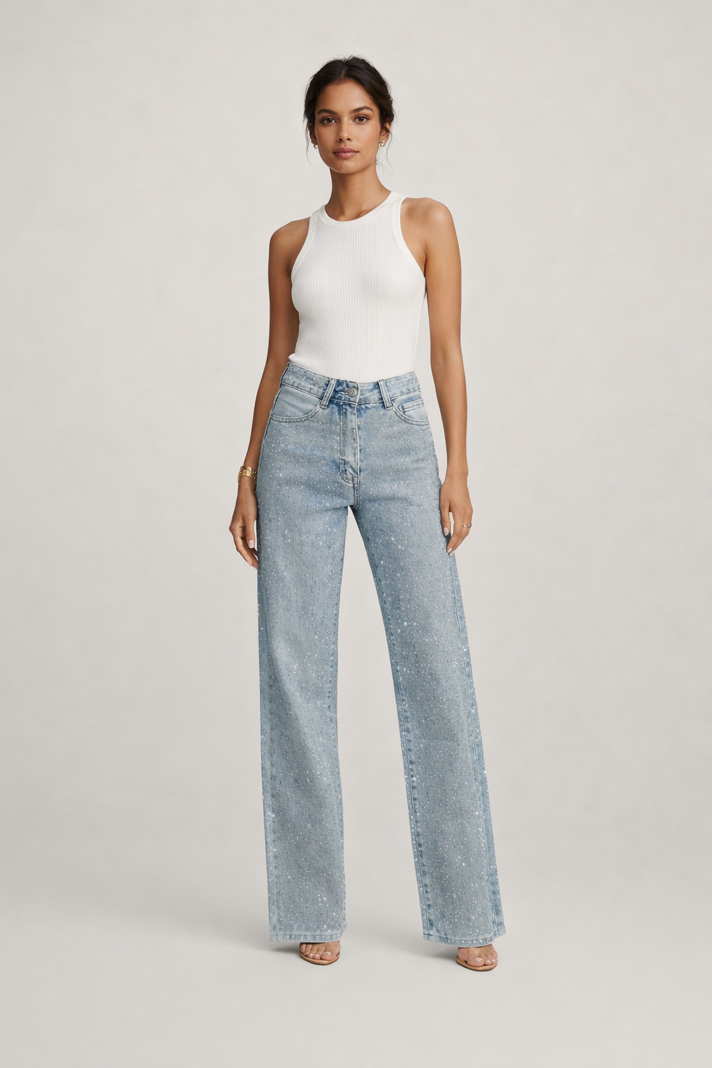 Pantalón vaquero con pedrería de tiro alto para mujer - Amelie