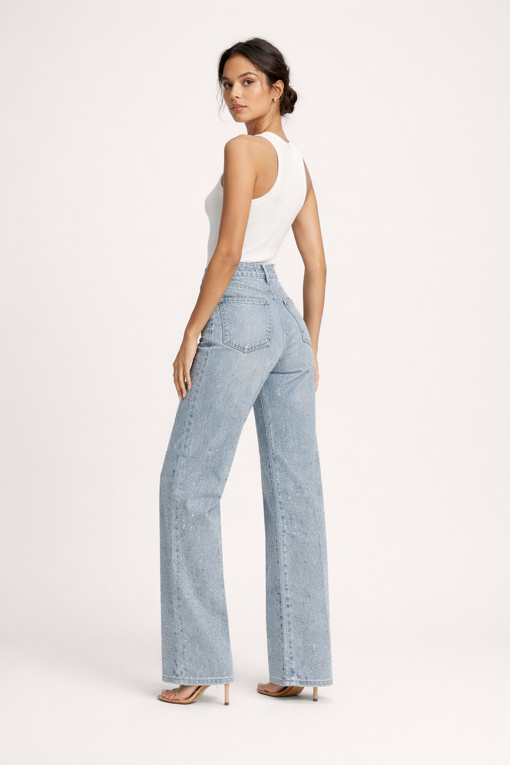 Pantalón vaquero con pedrería de tiro alto para mujer - Amelie