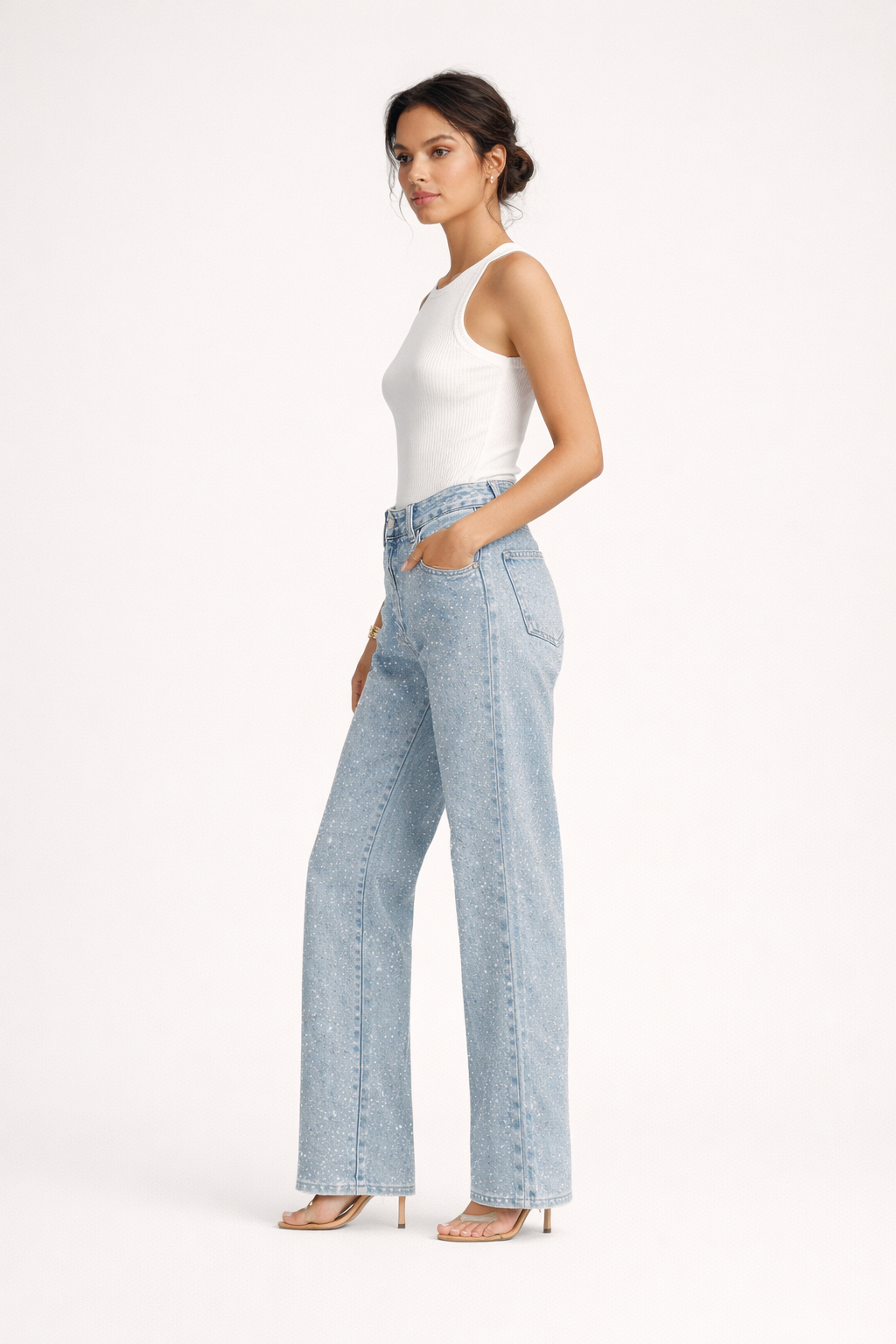 Pantalón vaquero con pedrería de tiro alto para mujer - Amelie
