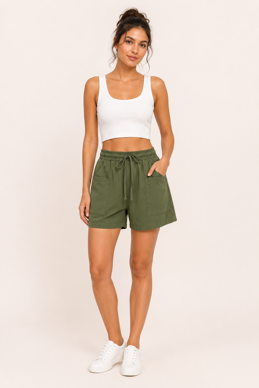 Short cintura elástica mujer lazo bolsillos frontales parche – Lanni