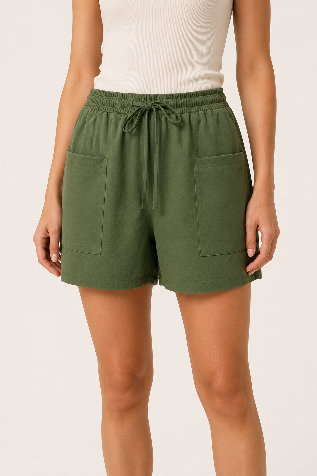 Short cintura elástica mujer lazo bolsillos frontales parche – Lanni