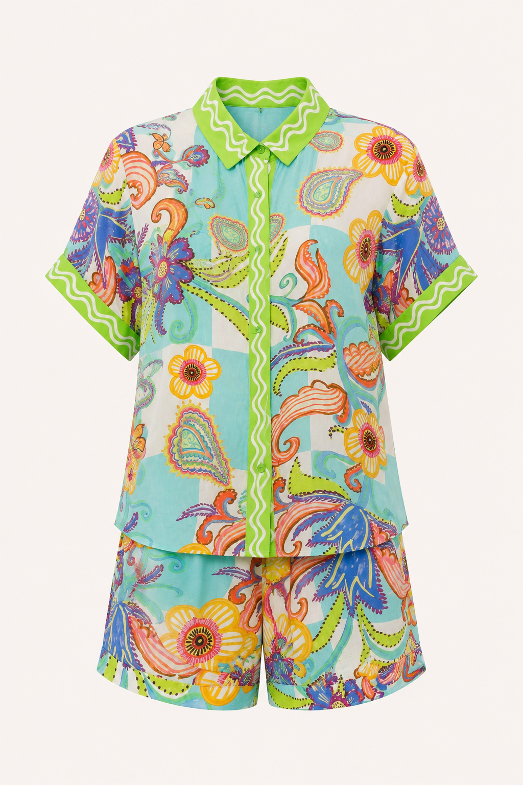 Conjunto mujer blusa estampada paisley short remate ondulado – Tabea