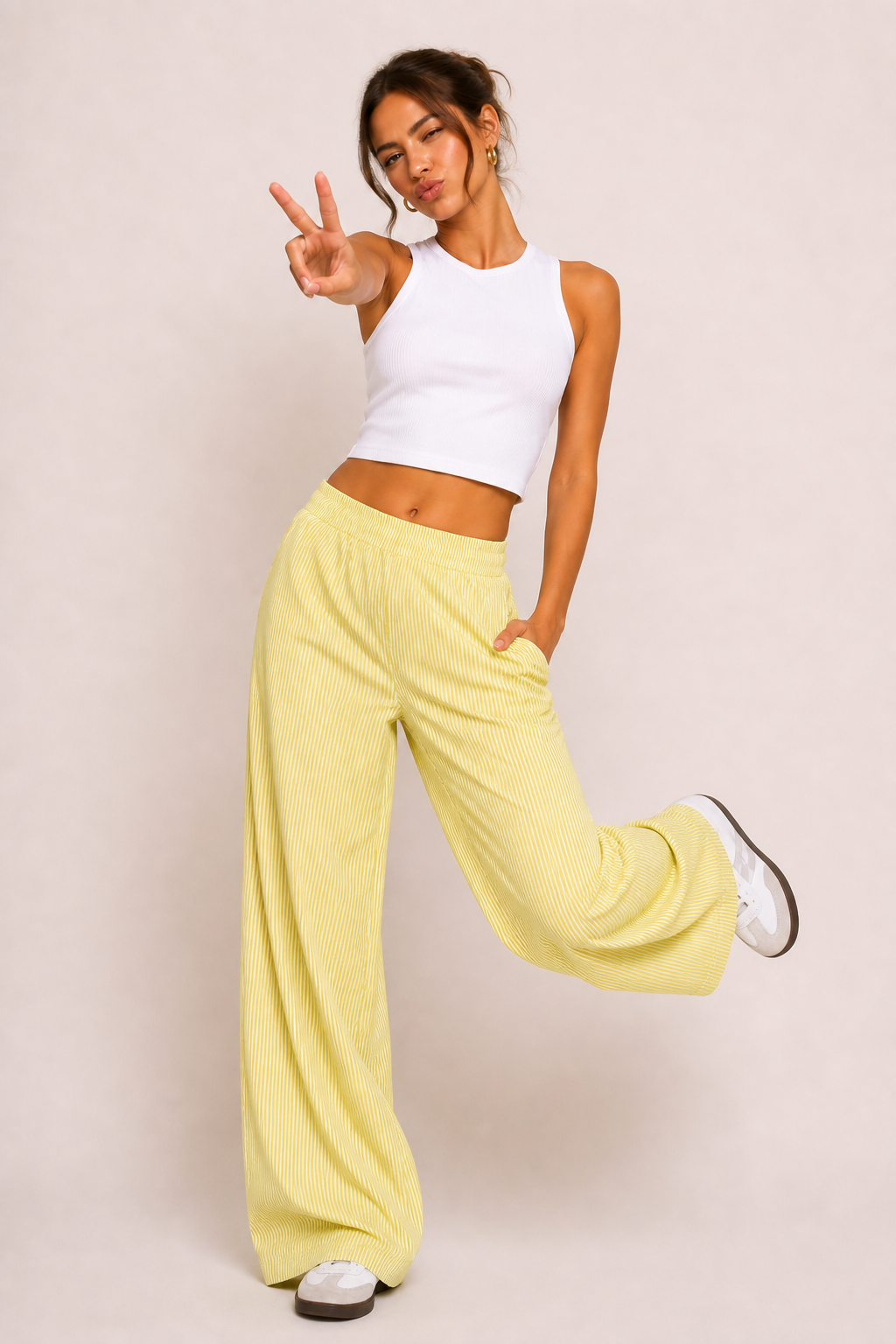 Pantalón mujer rayas corte amplio cintura elástica - Naire