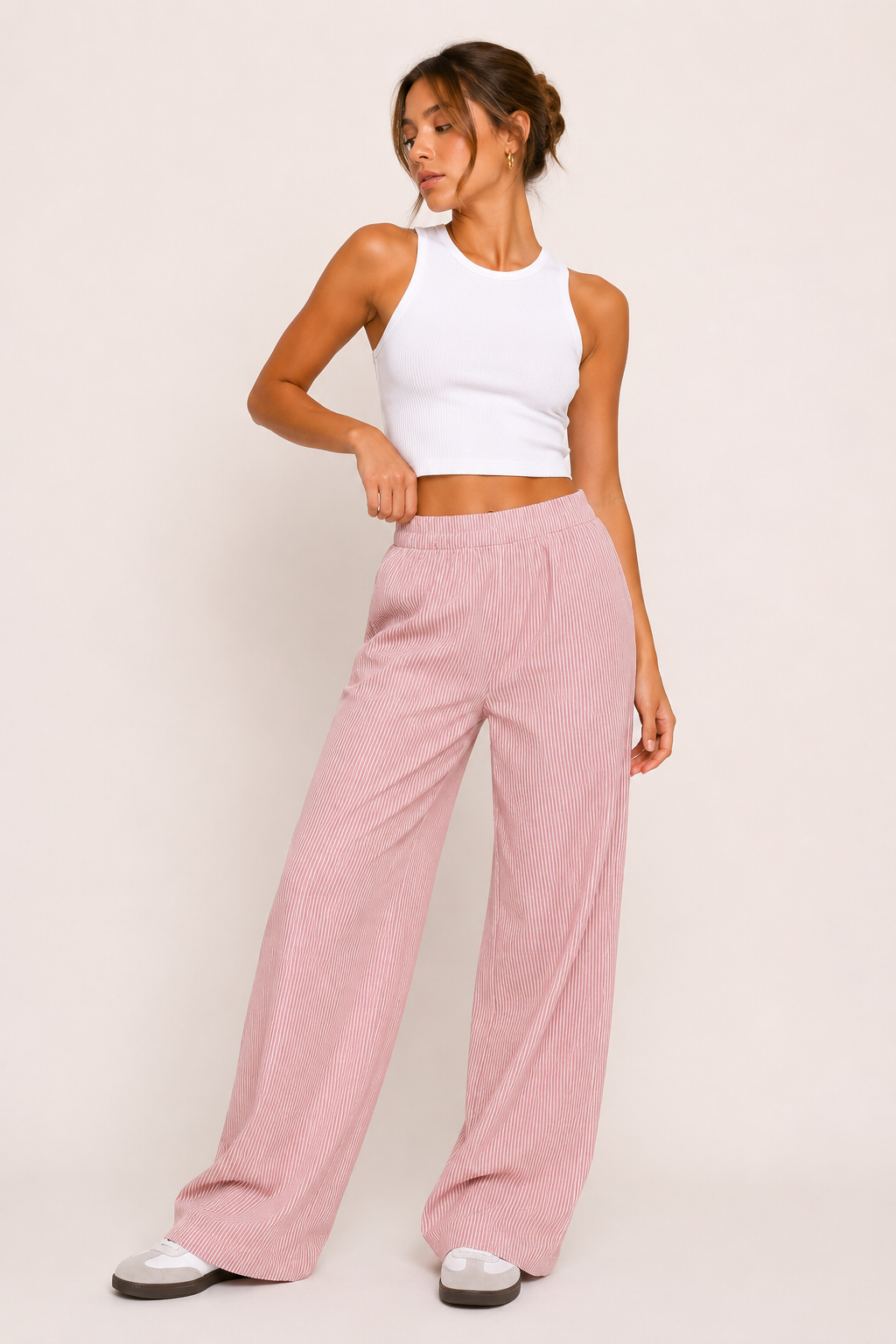 Pantalón mujer rayas corte amplio cintura elástica - Naire