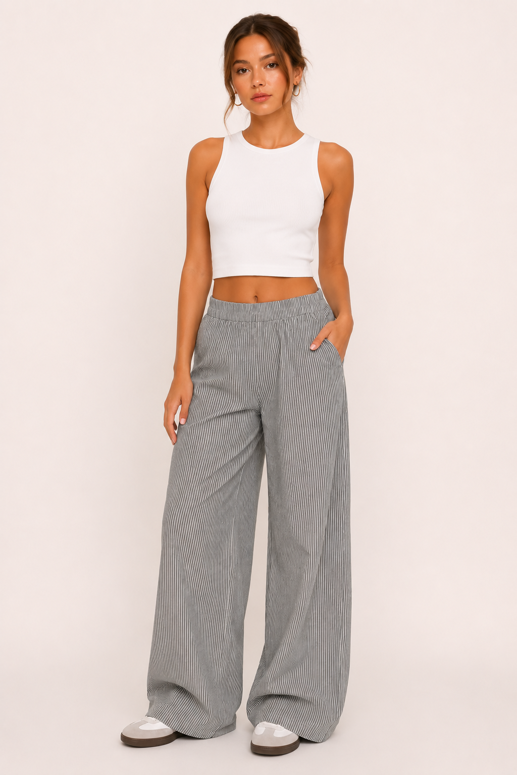 Pantalón mujer rayas corte amplio cintura elástica - Naire