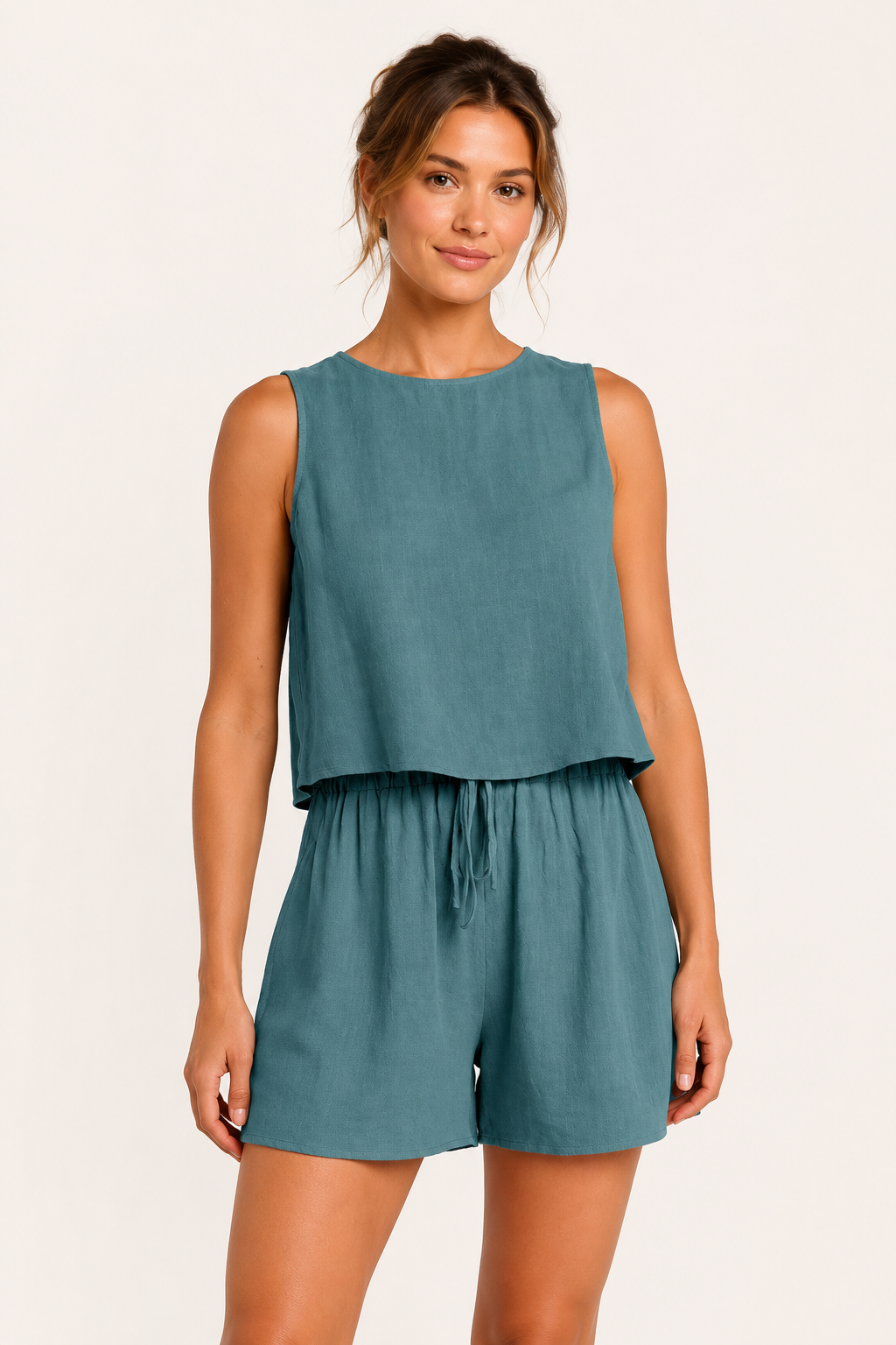 Conjunto mujer verano top sin mangas short cintura elástica cordón – Anika