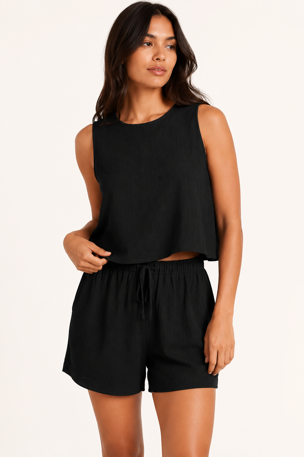 Conjunto mujer verano top sin mangas short cintura elástica cordón – Anika