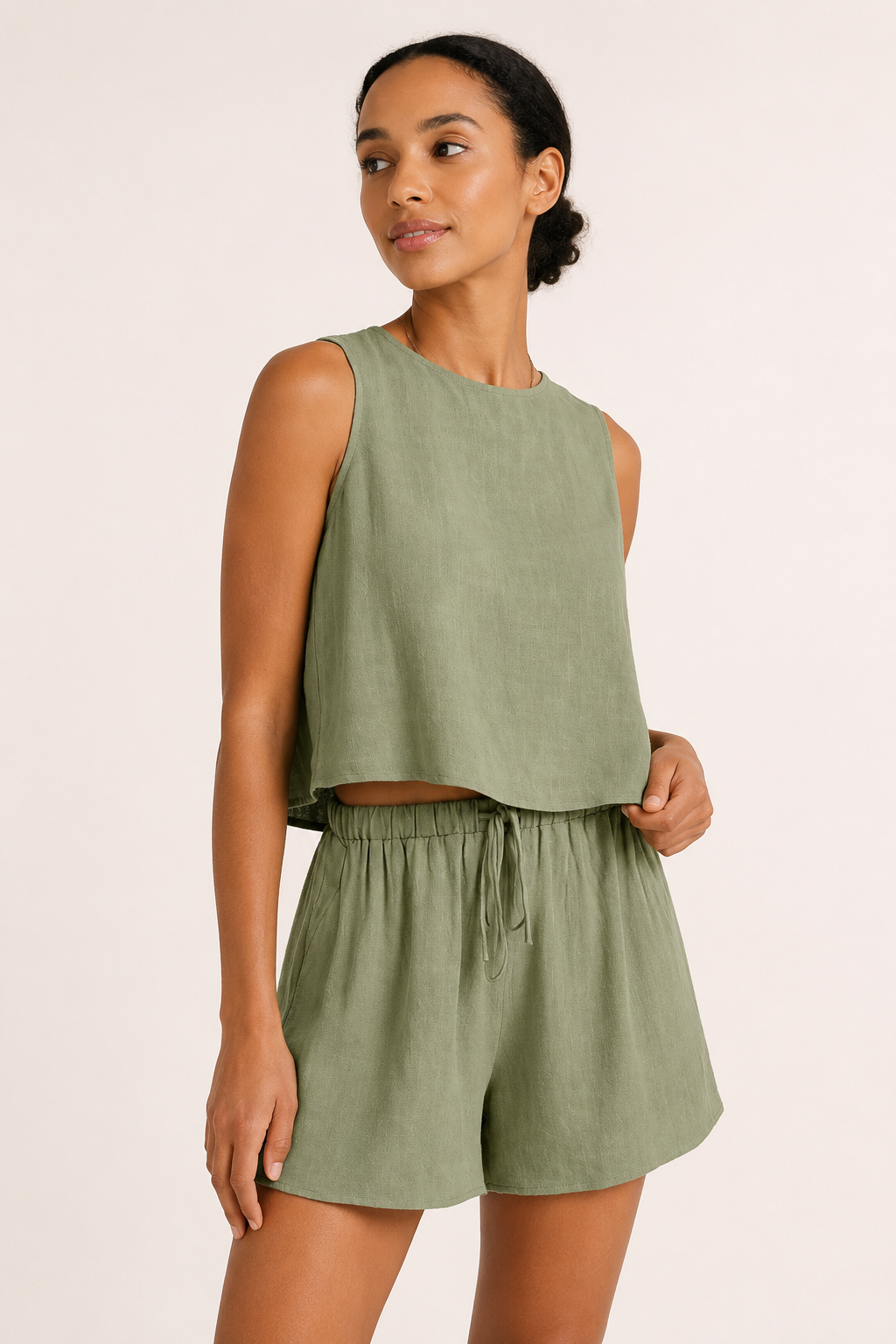 Conjunto mujer verano top sin mangas short cintura elástica cordón – Anika