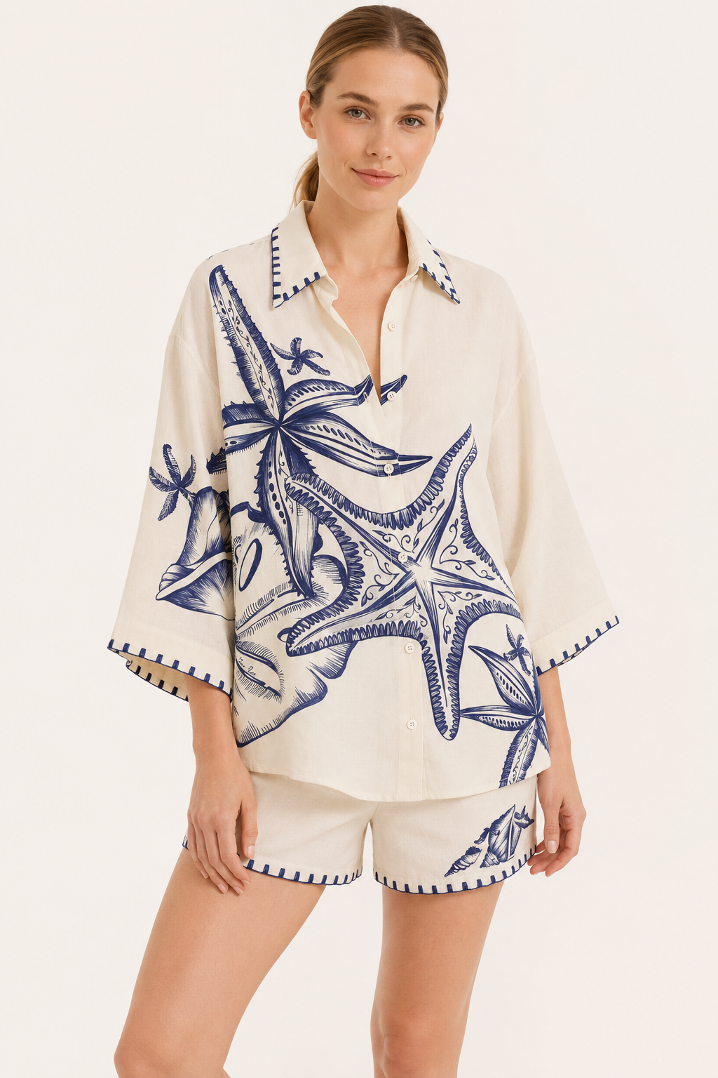 Conjunto mujer estampado marinero camisa oversize short verano – Lidia