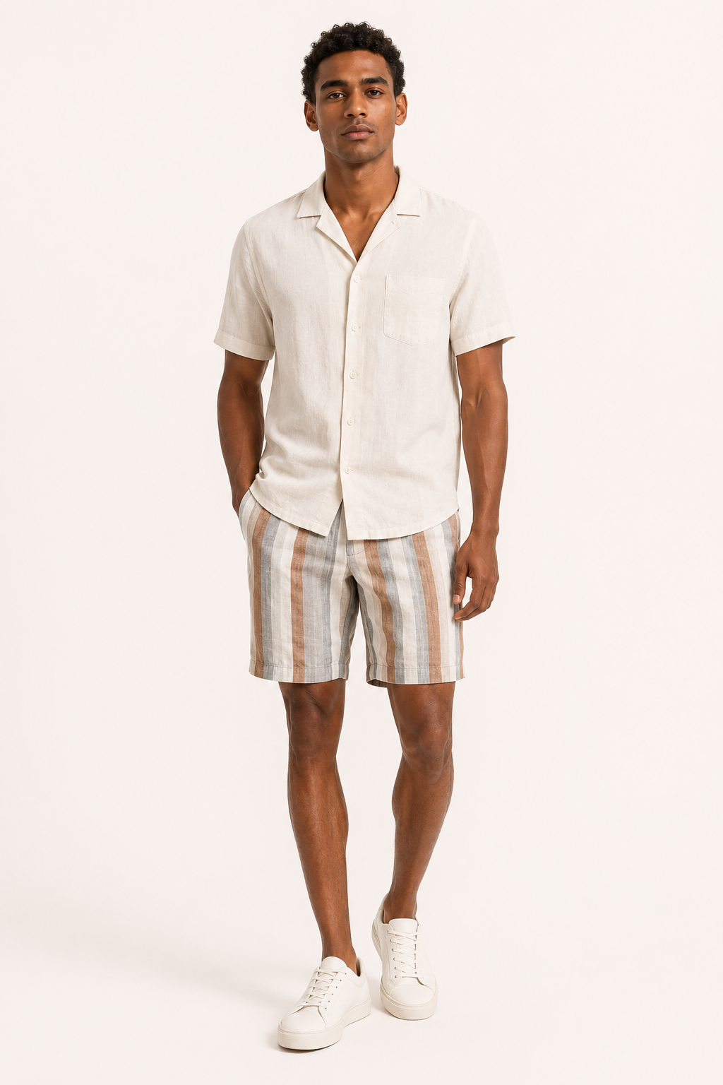 Bermuda lino hombre rayas anchas corte recto transpirable verano – Falko
