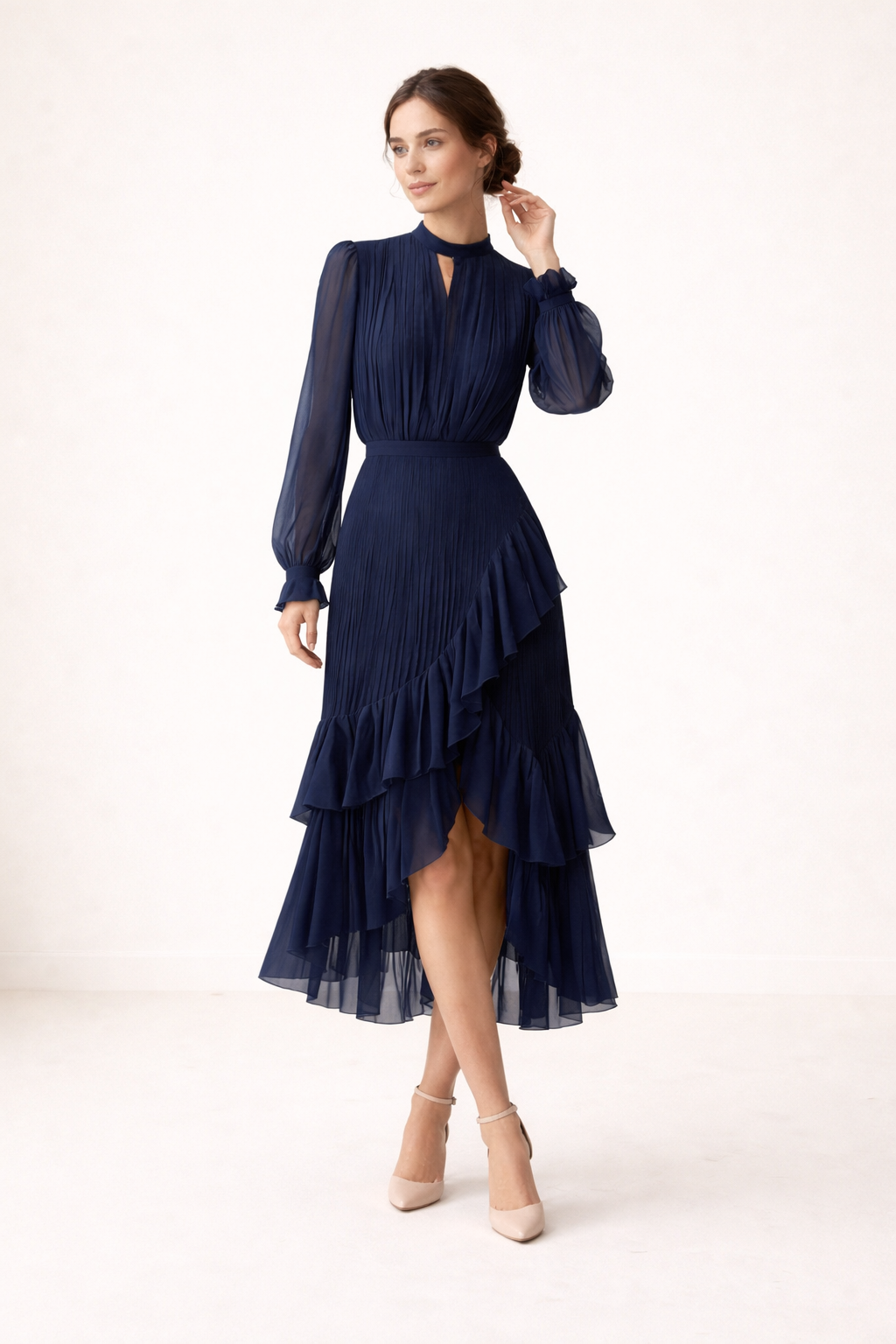 Vestido midi plisado para mujer manga larga corte femenino - Anika