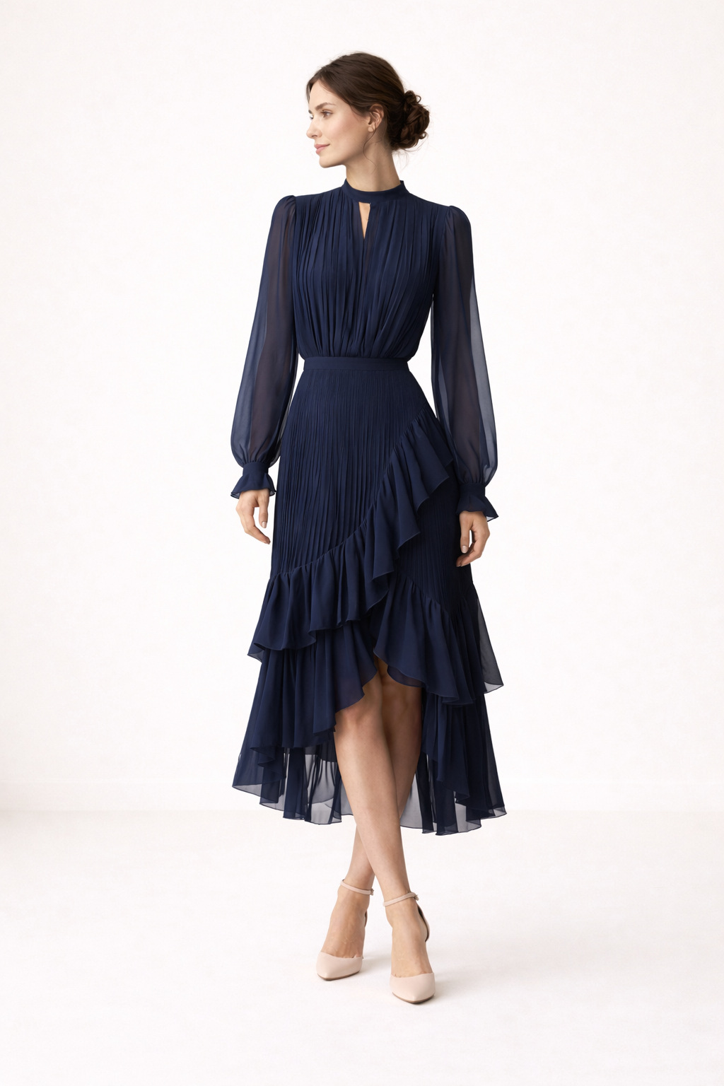 Vestido midi plisado para mujer manga larga corte femenino - Anika