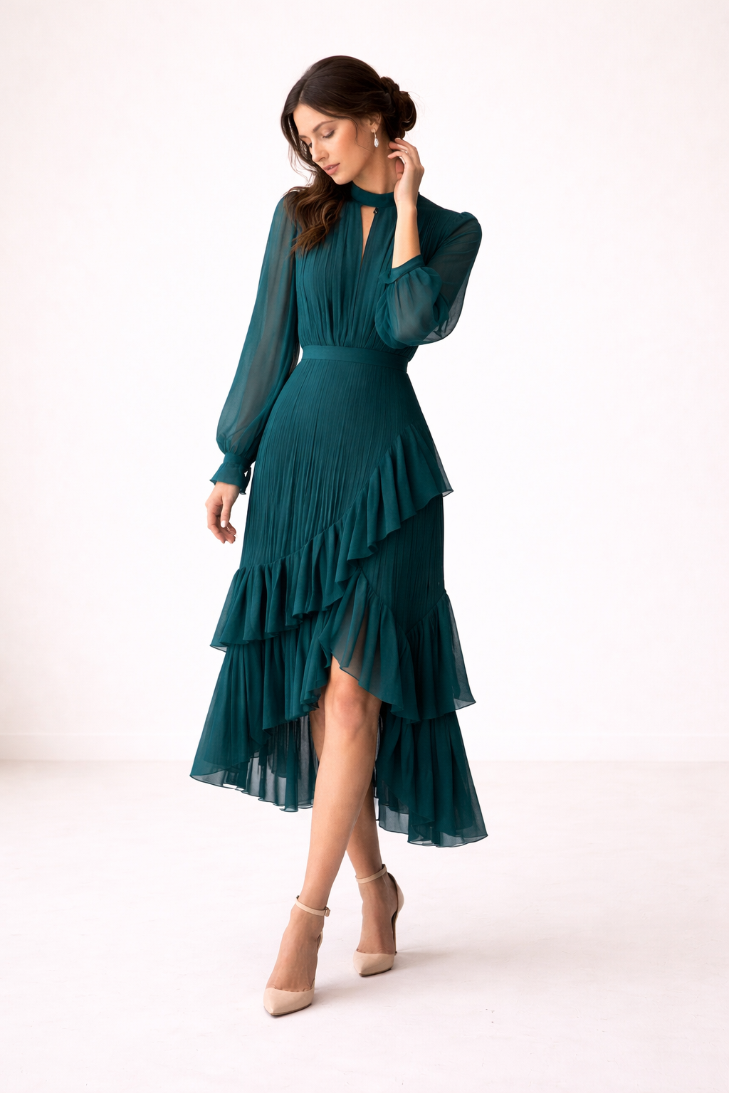 Vestido midi plisado para mujer manga larga corte femenino - Anika