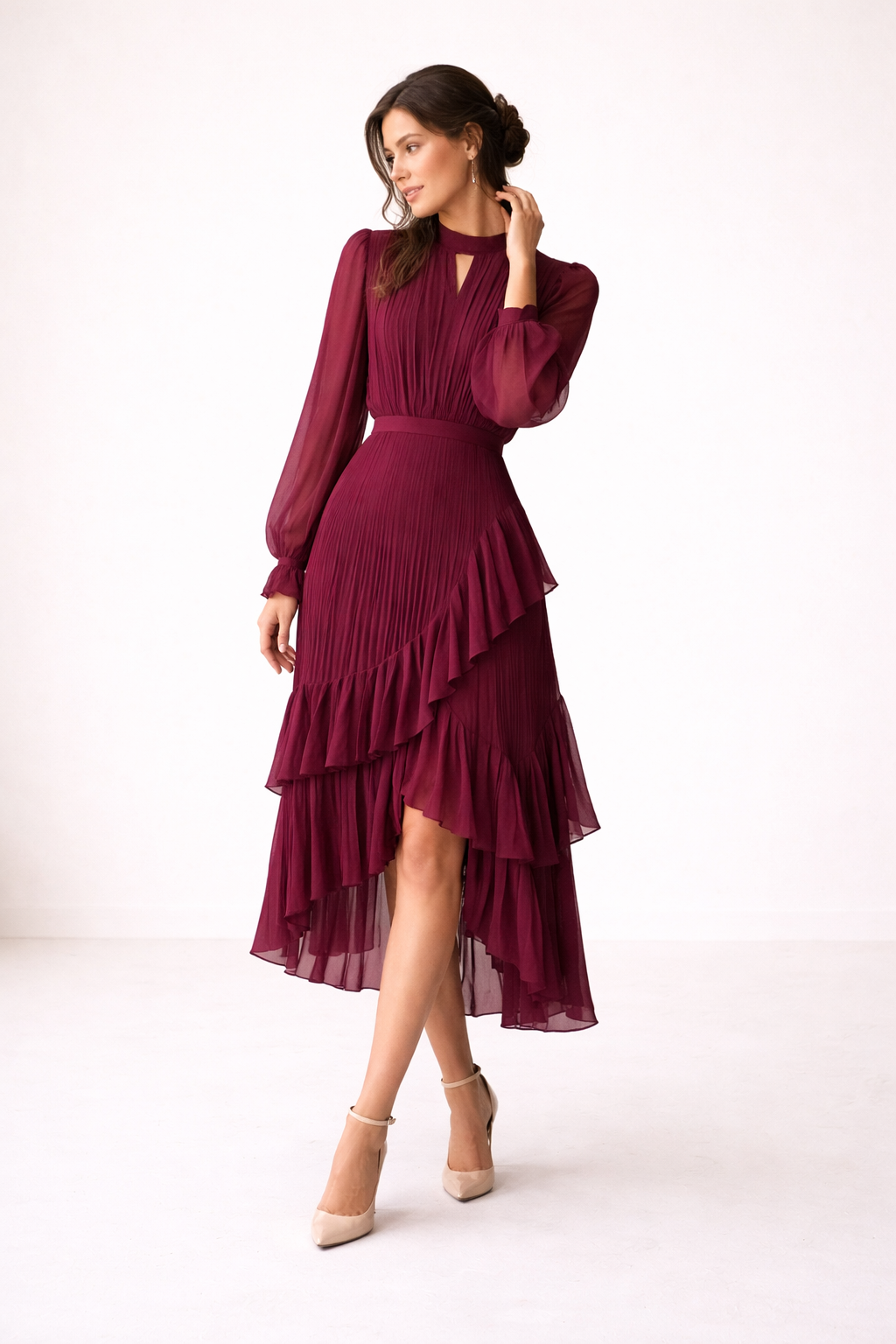 Vestido midi plisado para mujer manga larga corte femenino - Anika