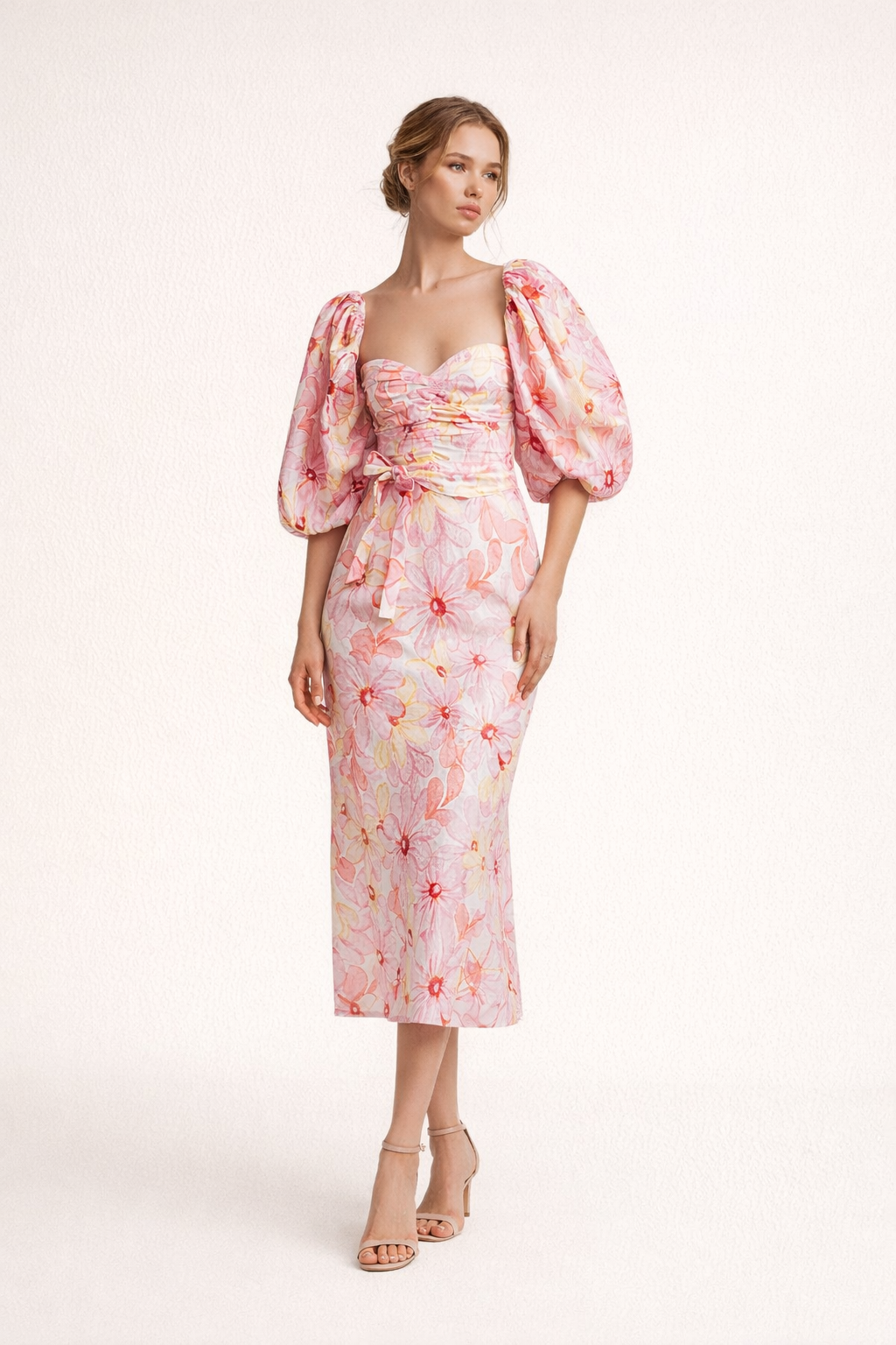 Vestido midi entallado floral con mangas abullonadas mujer - Klara