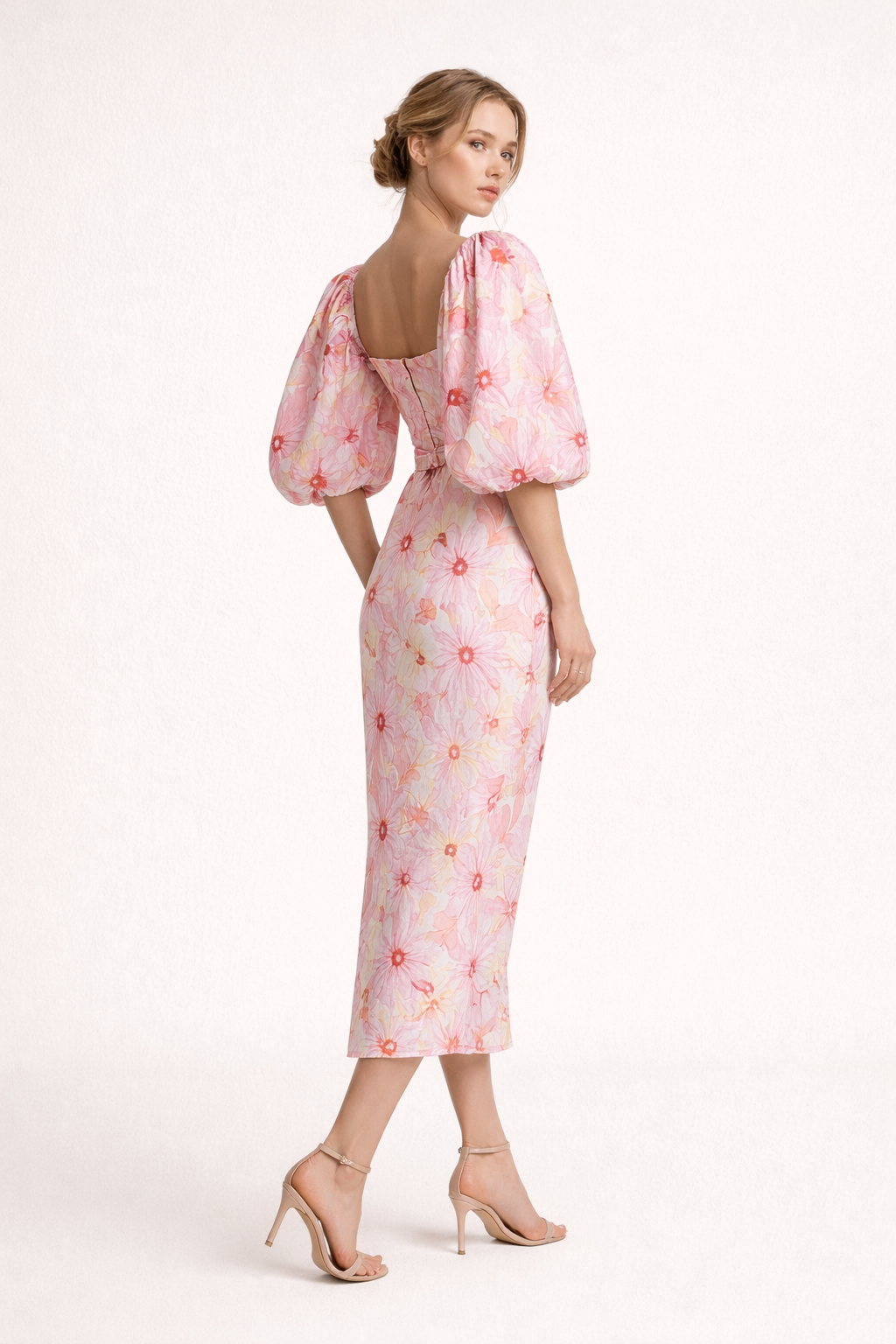 Vestido midi entallado floral con mangas abullonadas mujer - Klara