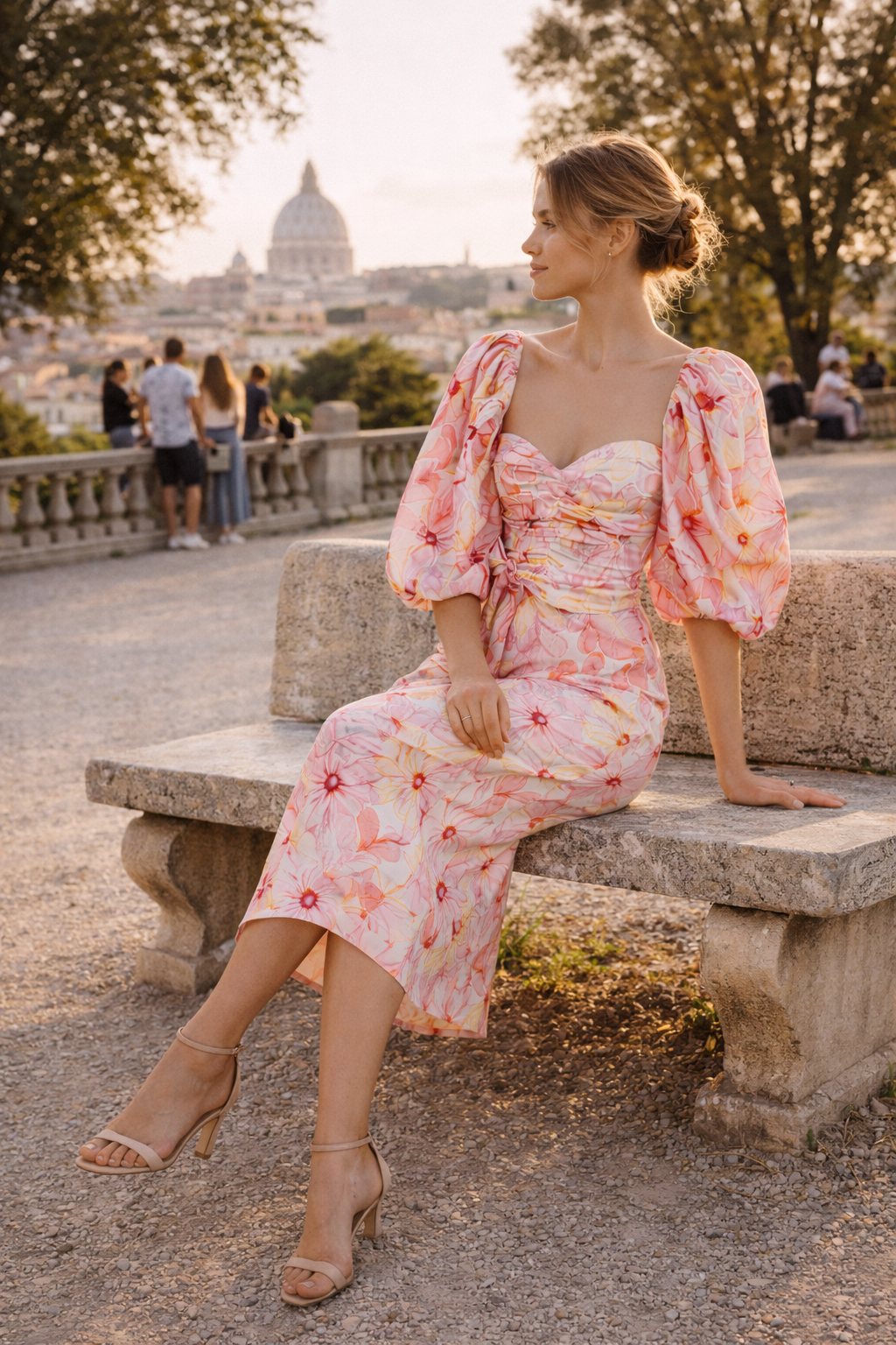 Vestido midi entallado floral con mangas abullonadas mujer - Klara