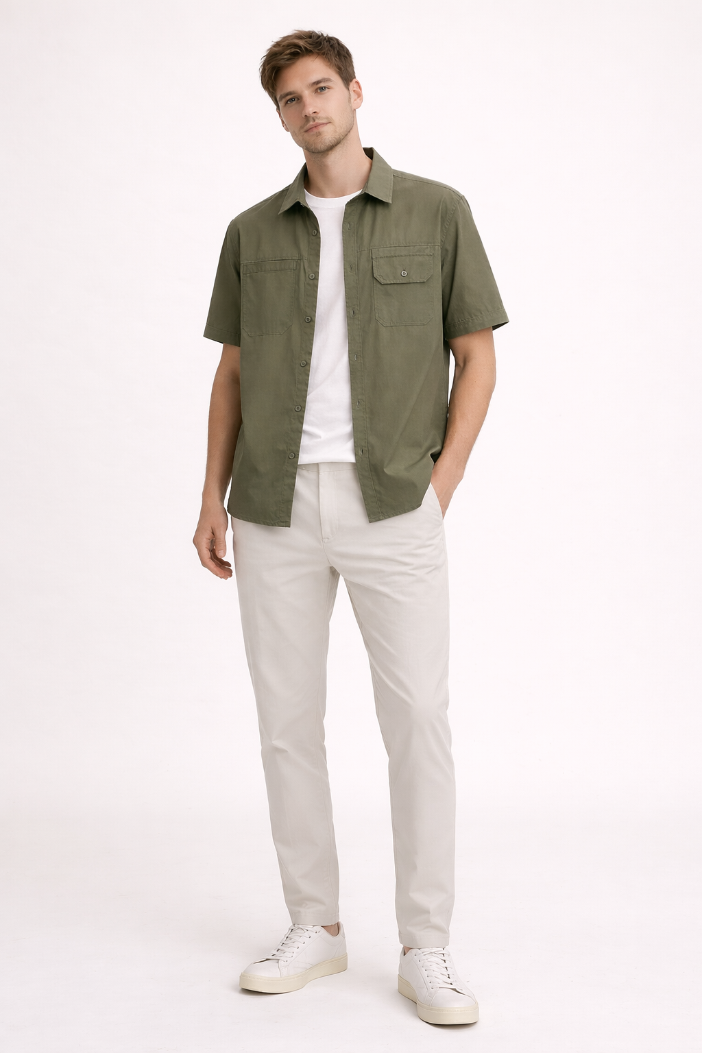 Camisa manga corta con bolsillos frontales y corte recto para hombre - Erik
