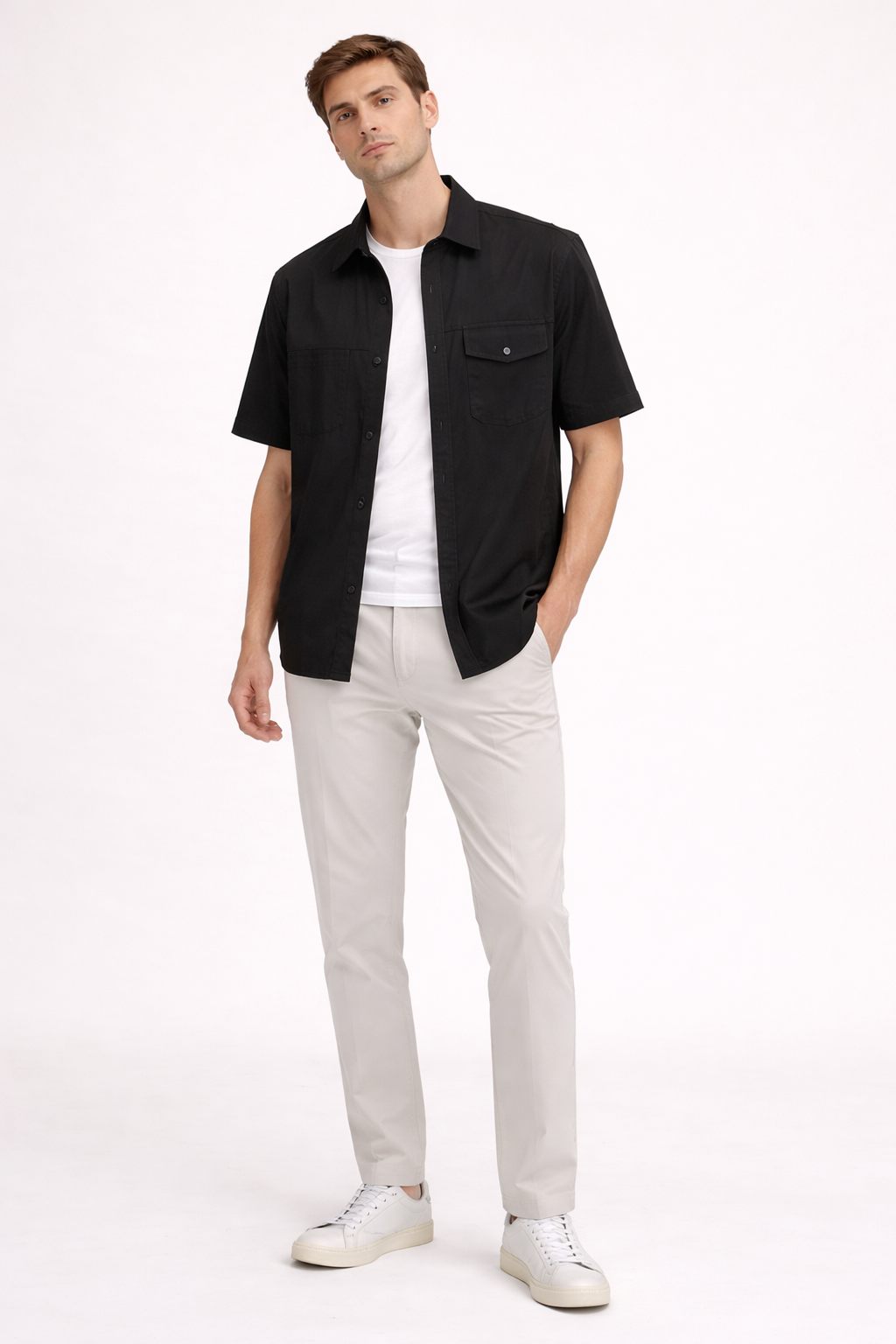 Camisa manga corta con bolsillos frontales y corte recto para hombre - Erik