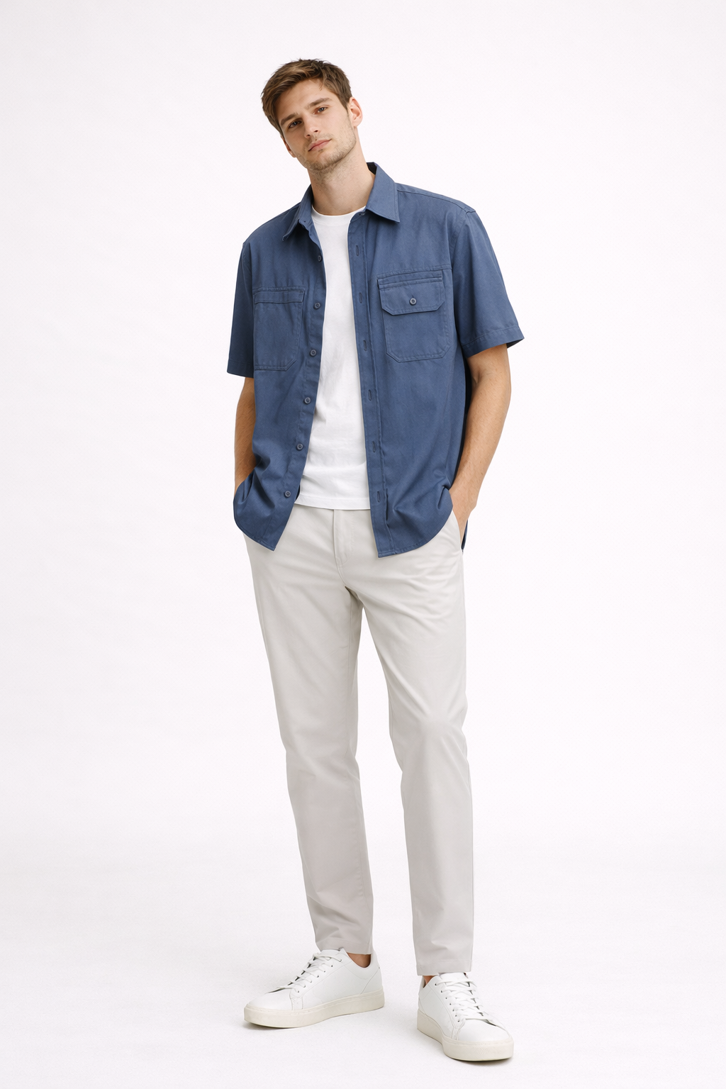 Camisa manga corta con bolsillos frontales y corte recto para hombre - Erik