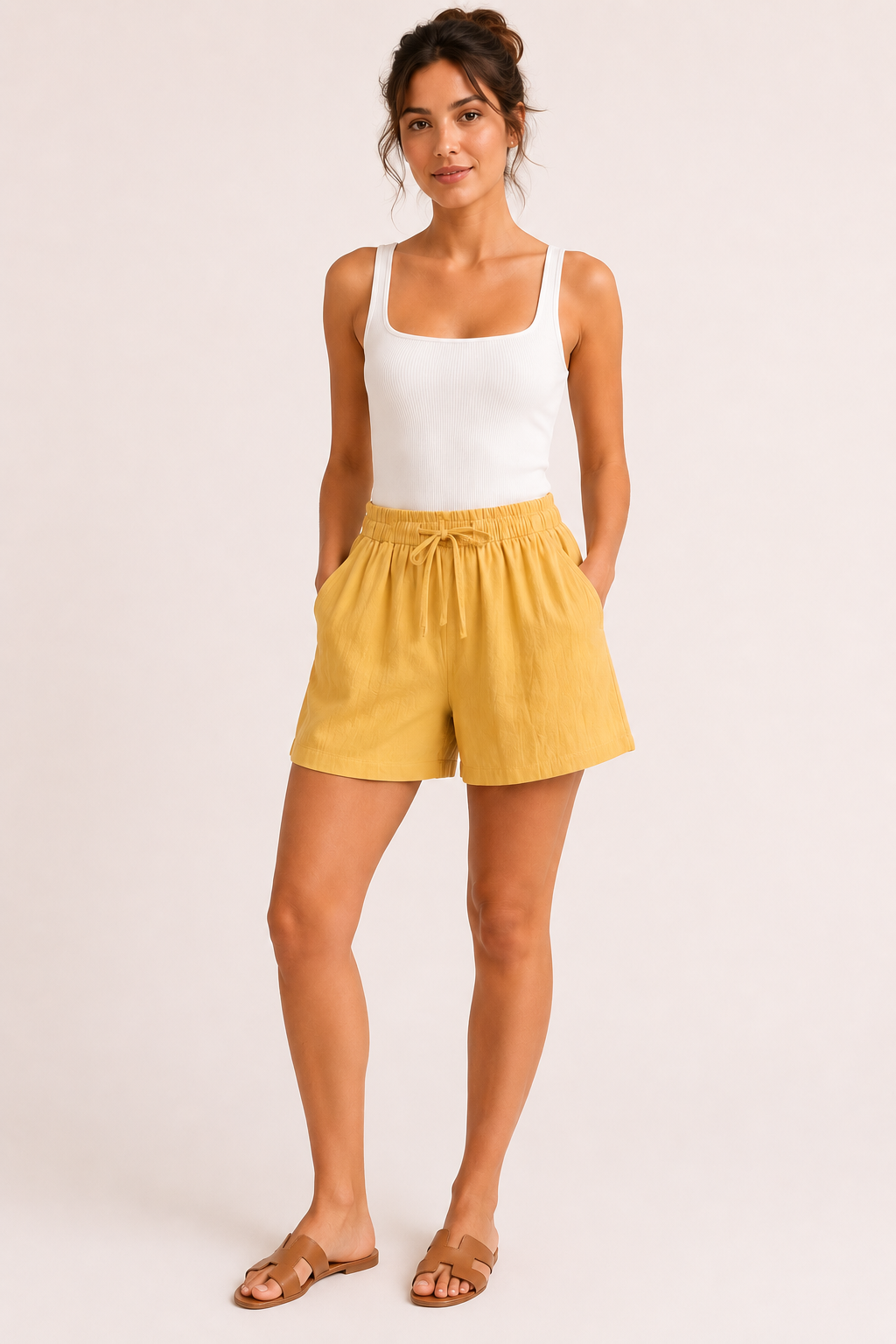 Short mujer lino algodón cintura elástica cordón pierna amplia – Anja
