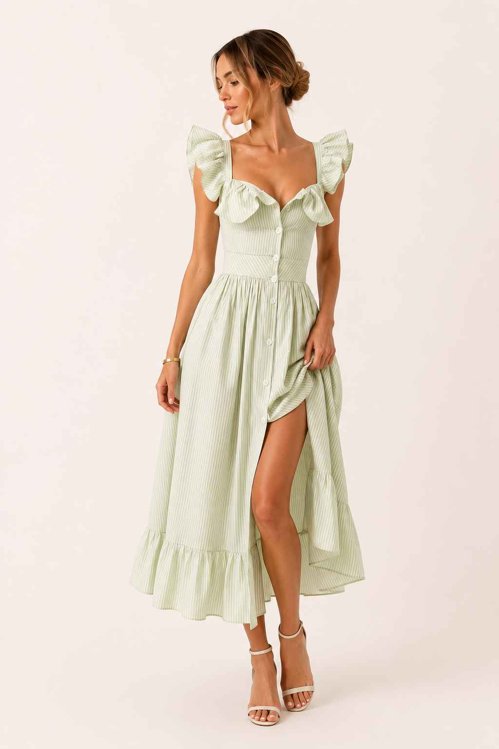 Vestido midi mujer rayas con volantes ligero - Elina