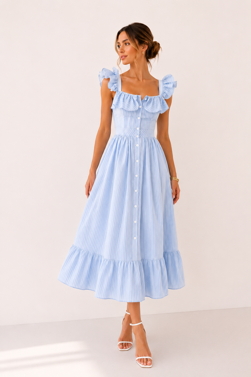 Vestido midi mujer rayas con volantes ligero - Elina
