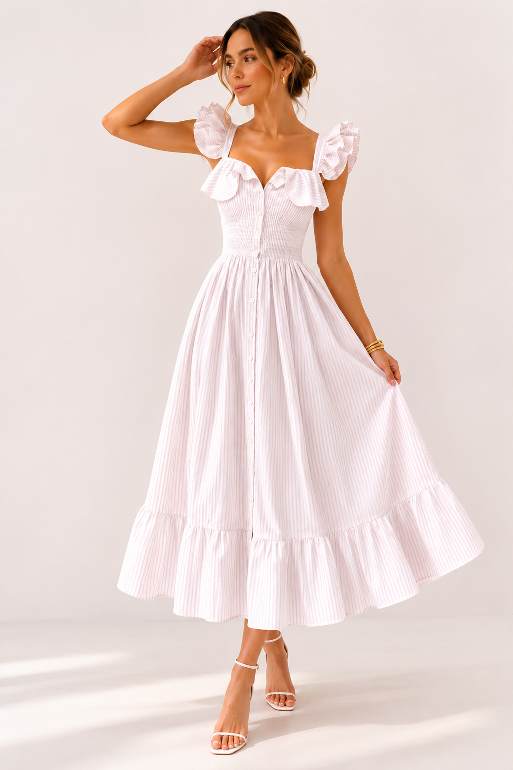 Vestido midi mujer rayas con volantes ligero - Elina