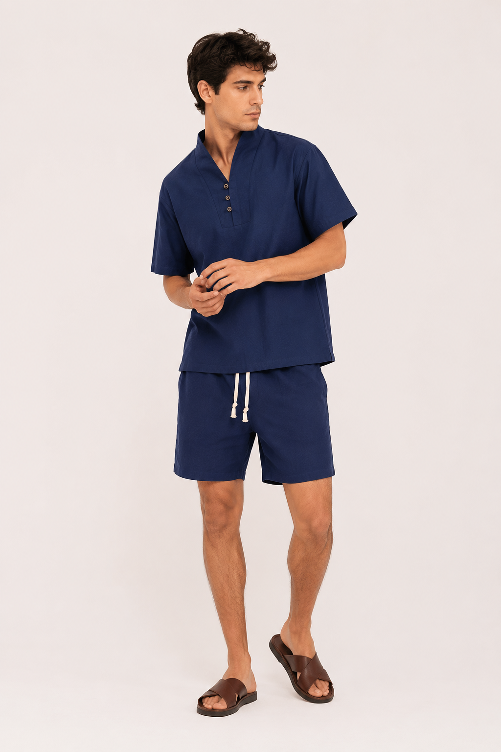 Conjunto hombre lino algodón camisa cuello mao short – Armin