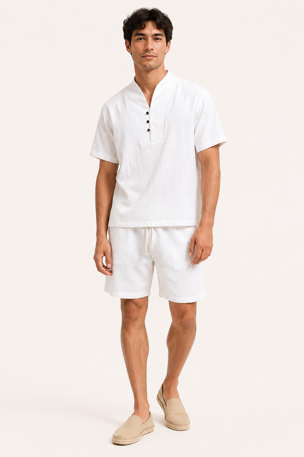 Conjunto hombre lino algodón camisa cuello mao short – Armin