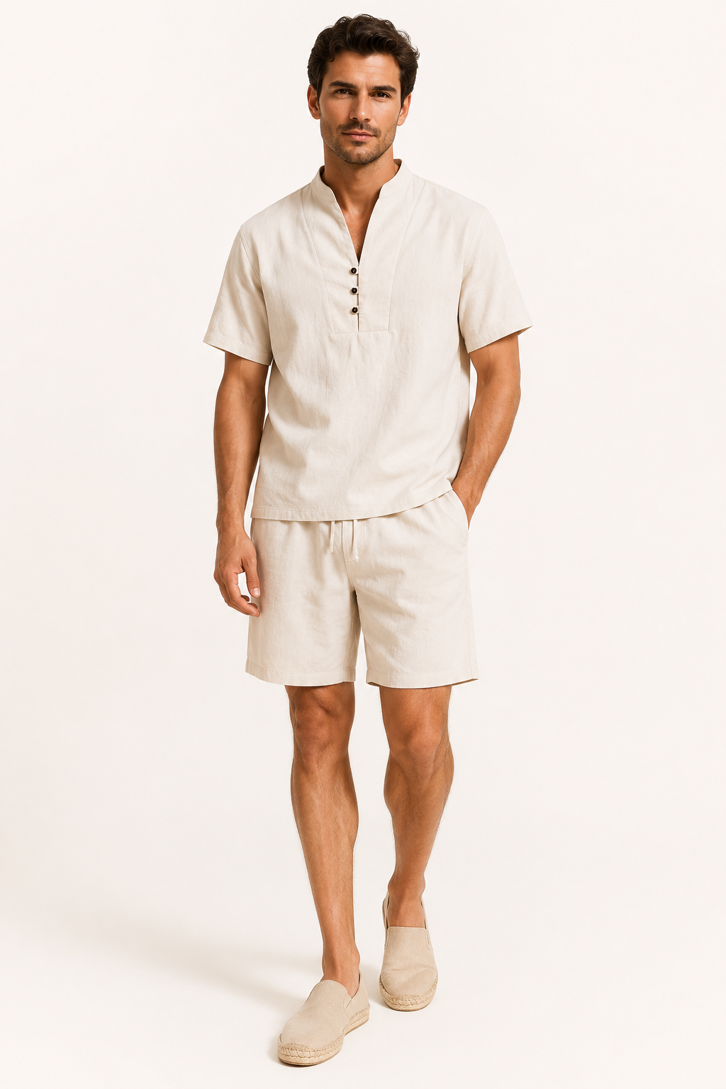 Conjunto hombre lino algodón camisa cuello mao short – Armin