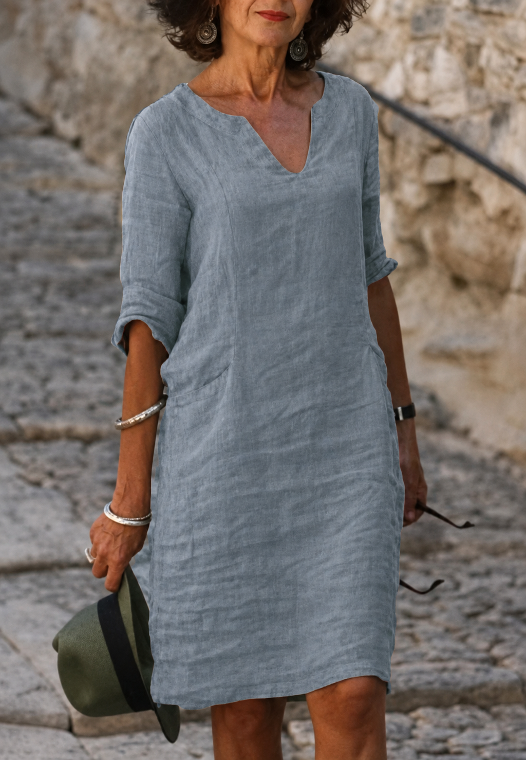 Vestido casual para mujer con escote en V y manga francesa - Elvy