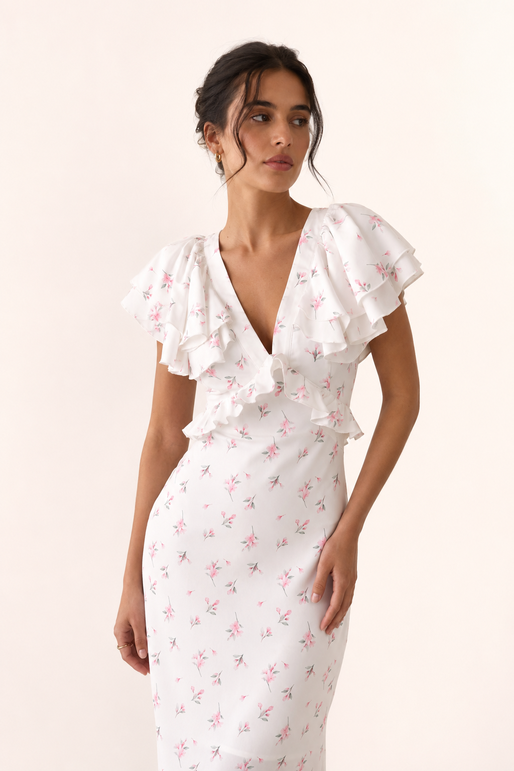 Vestido midi mujer estampado floral volante hombros escote v – Hedda