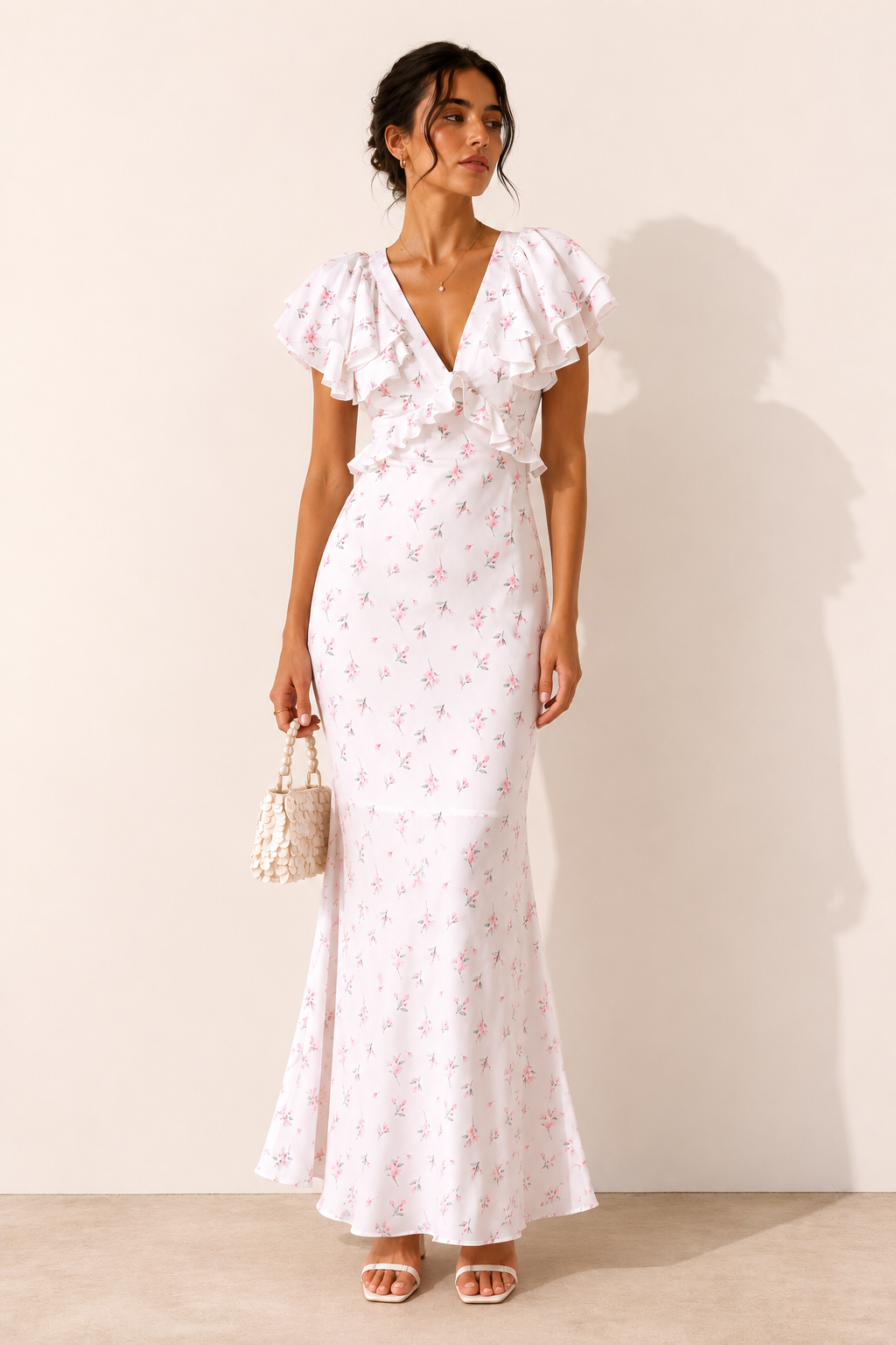 Vestido midi mujer estampado floral volante hombros escote v – Hedda