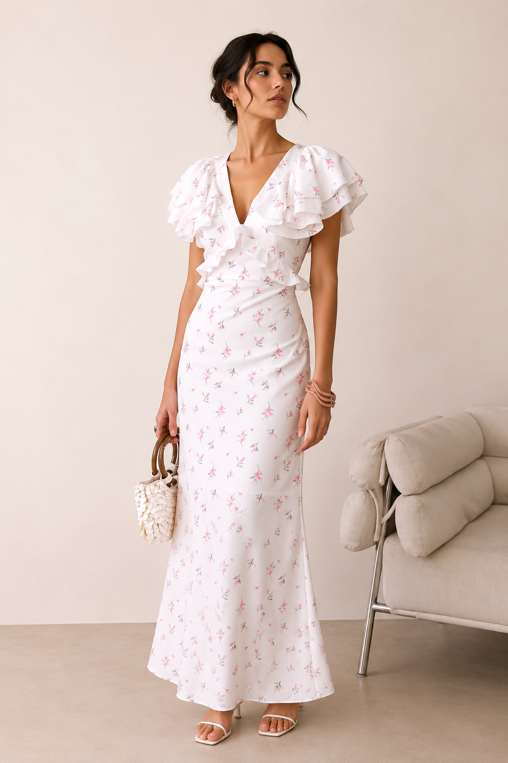 Vestido midi mujer estampado floral volante hombros escote v – Hedda
