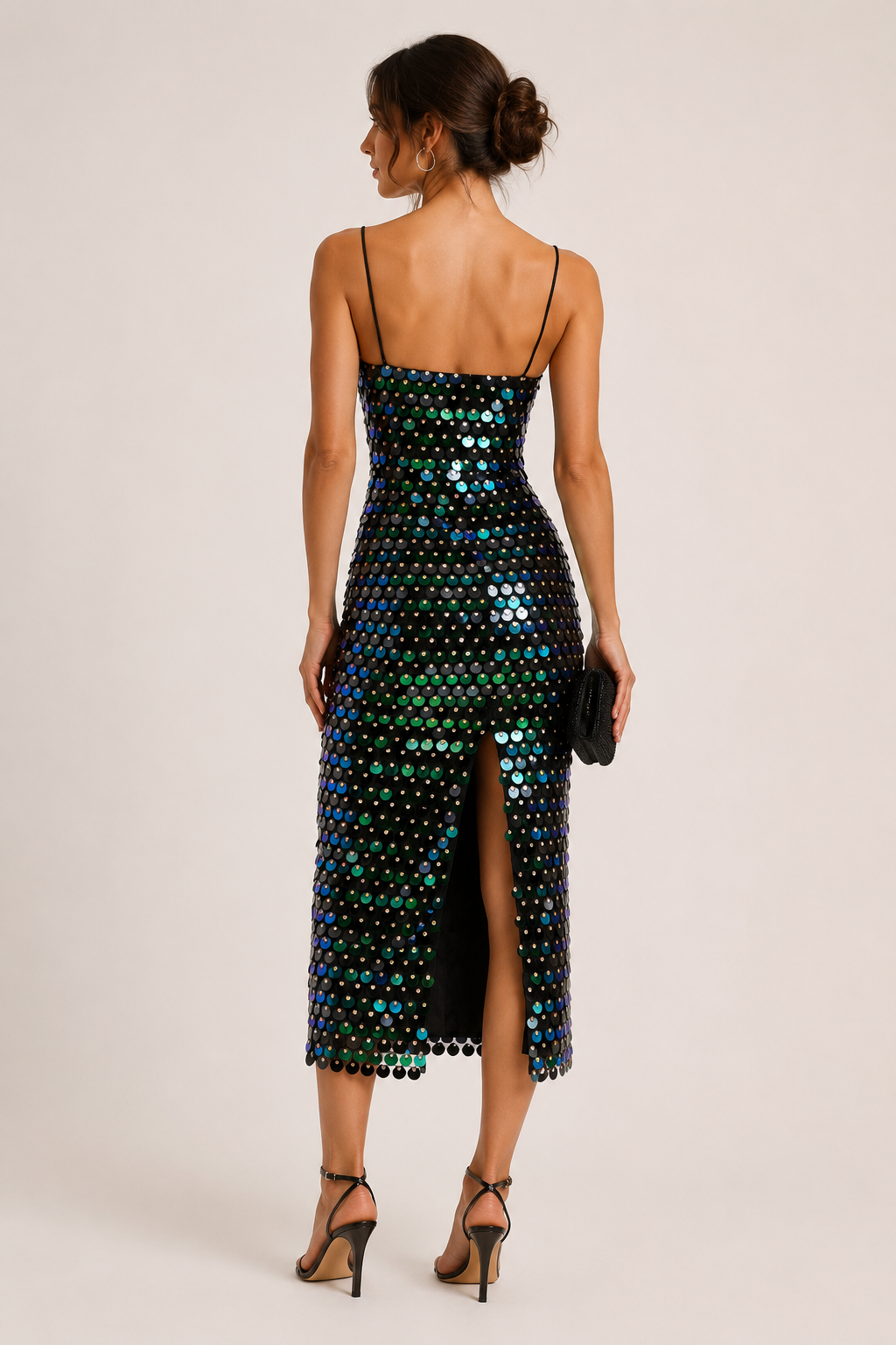 Vestido midi mujer cóctel lentejuelas tirantes finos silueta ceñida – Senta