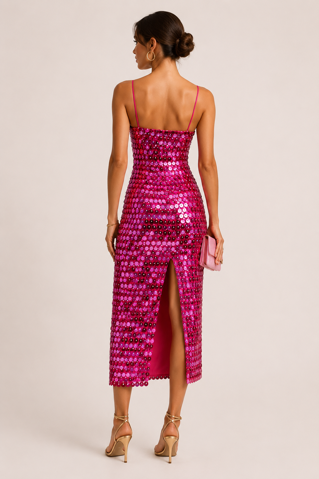 Vestido midi mujer cóctel lentejuelas tirantes finos silueta ceñida – Senta