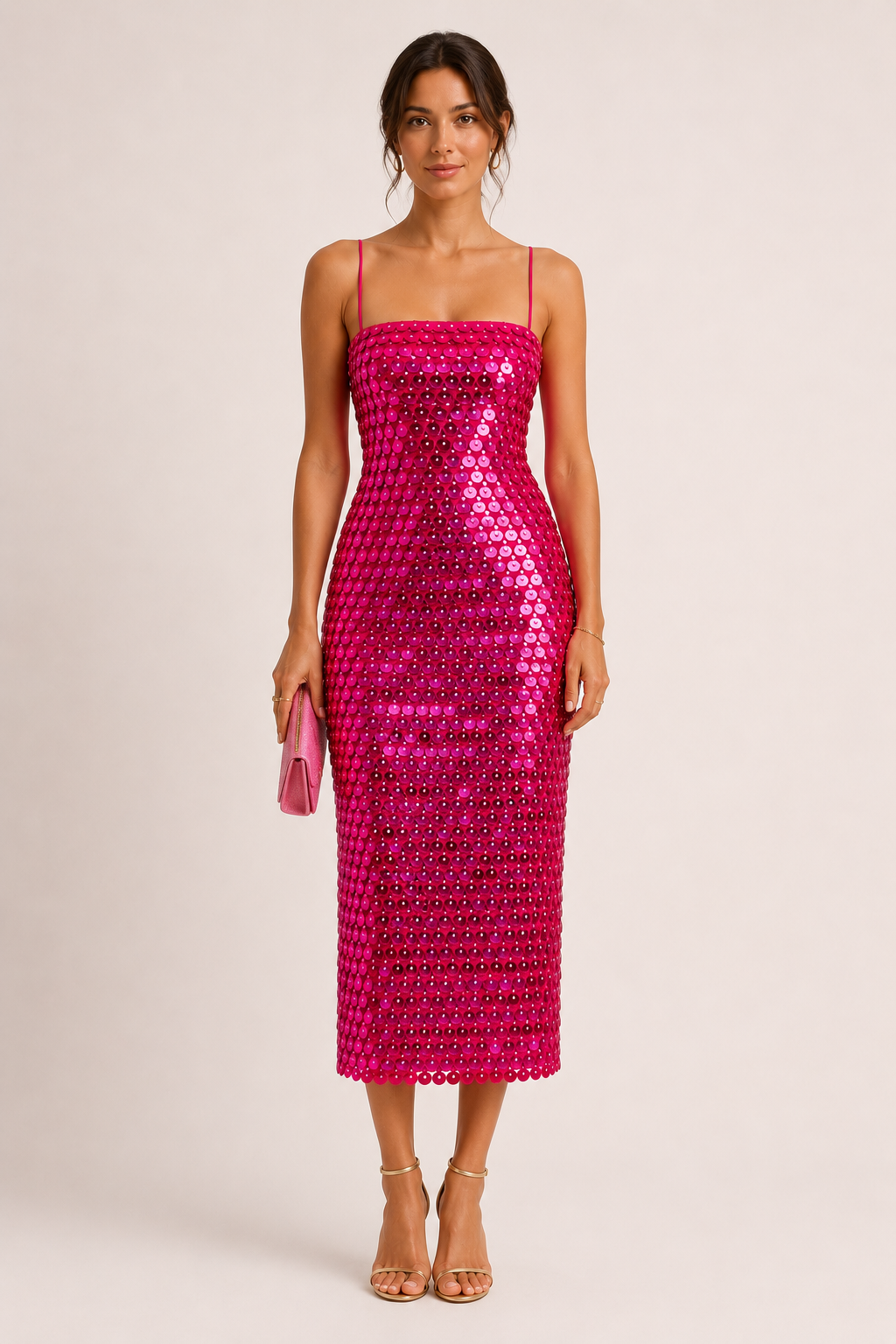 Vestido midi mujer cóctel lentejuelas tirantes finos silueta ceñida – Senta